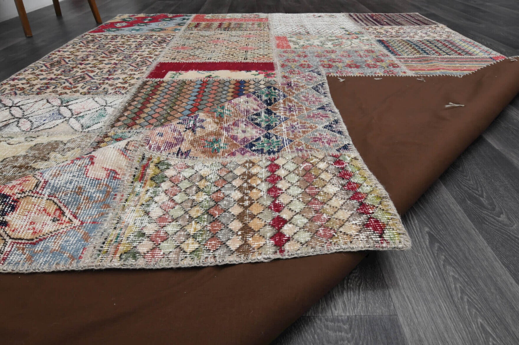 Hand-crafted Anatolian vintage patchwork rug Chrysomelpe in wool, 1970s