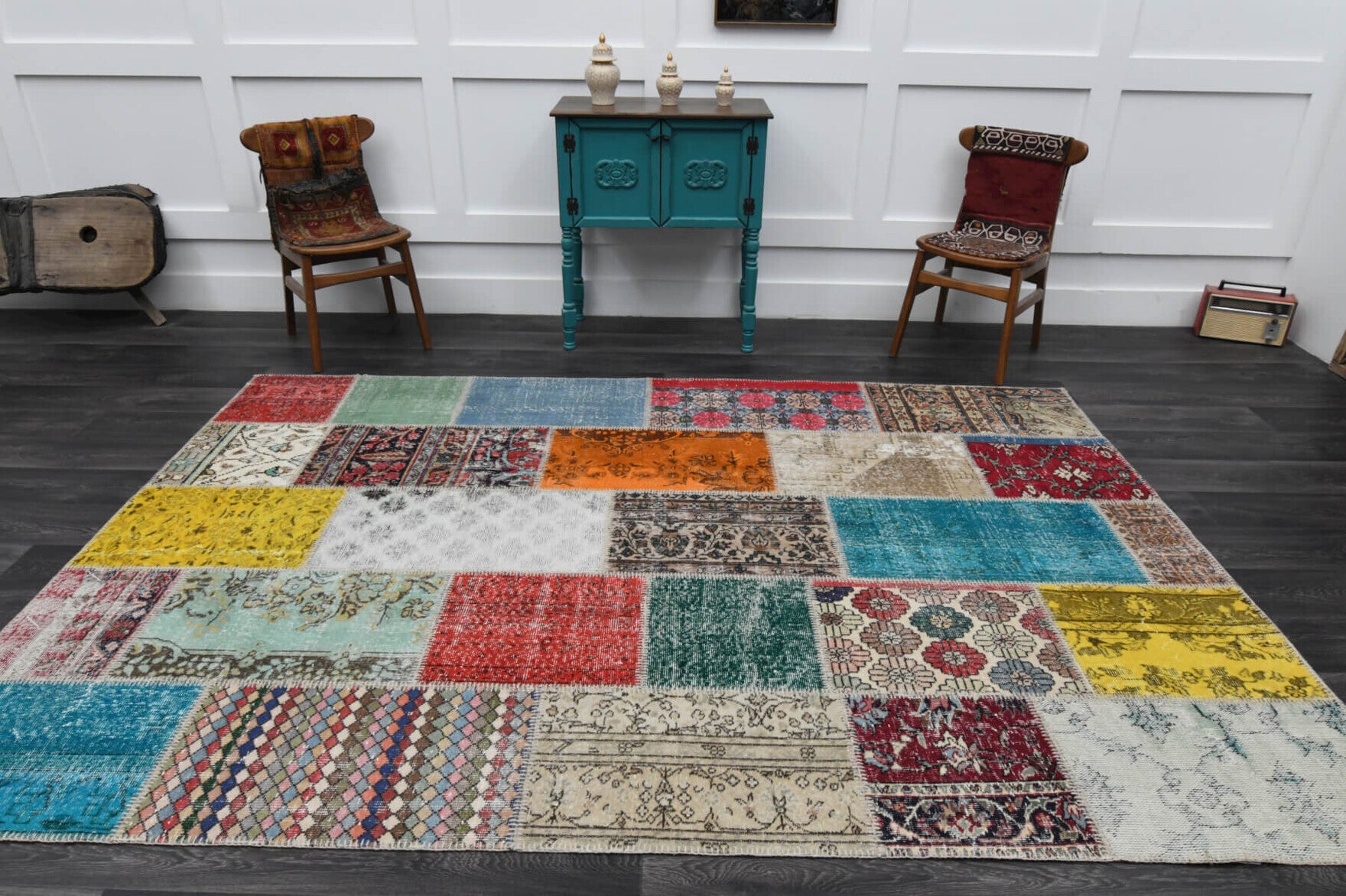 202x298 cm vintage patchwork Anatolian area rug – Charitomene, low pile, wool