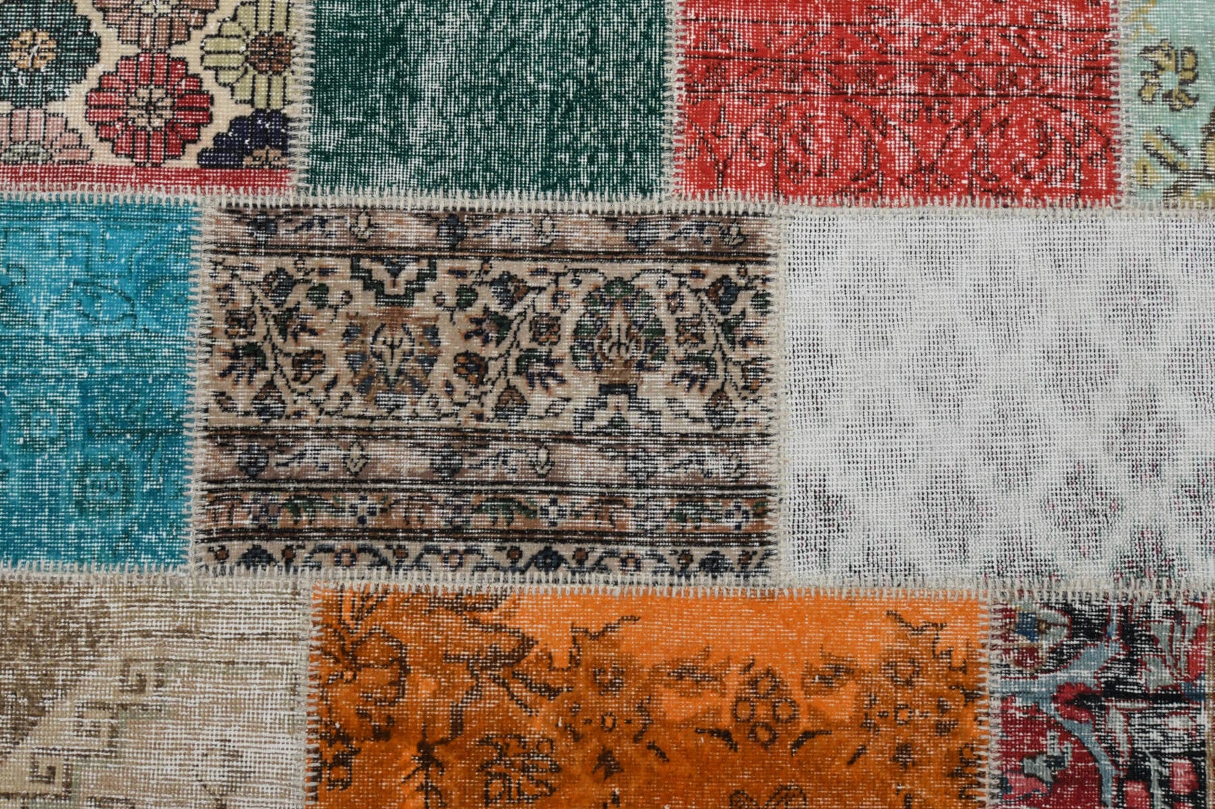 Authentic Anatolian vintage patchwork area rug (1960s) with solid design – one-of-a-kind at Fame Rugs