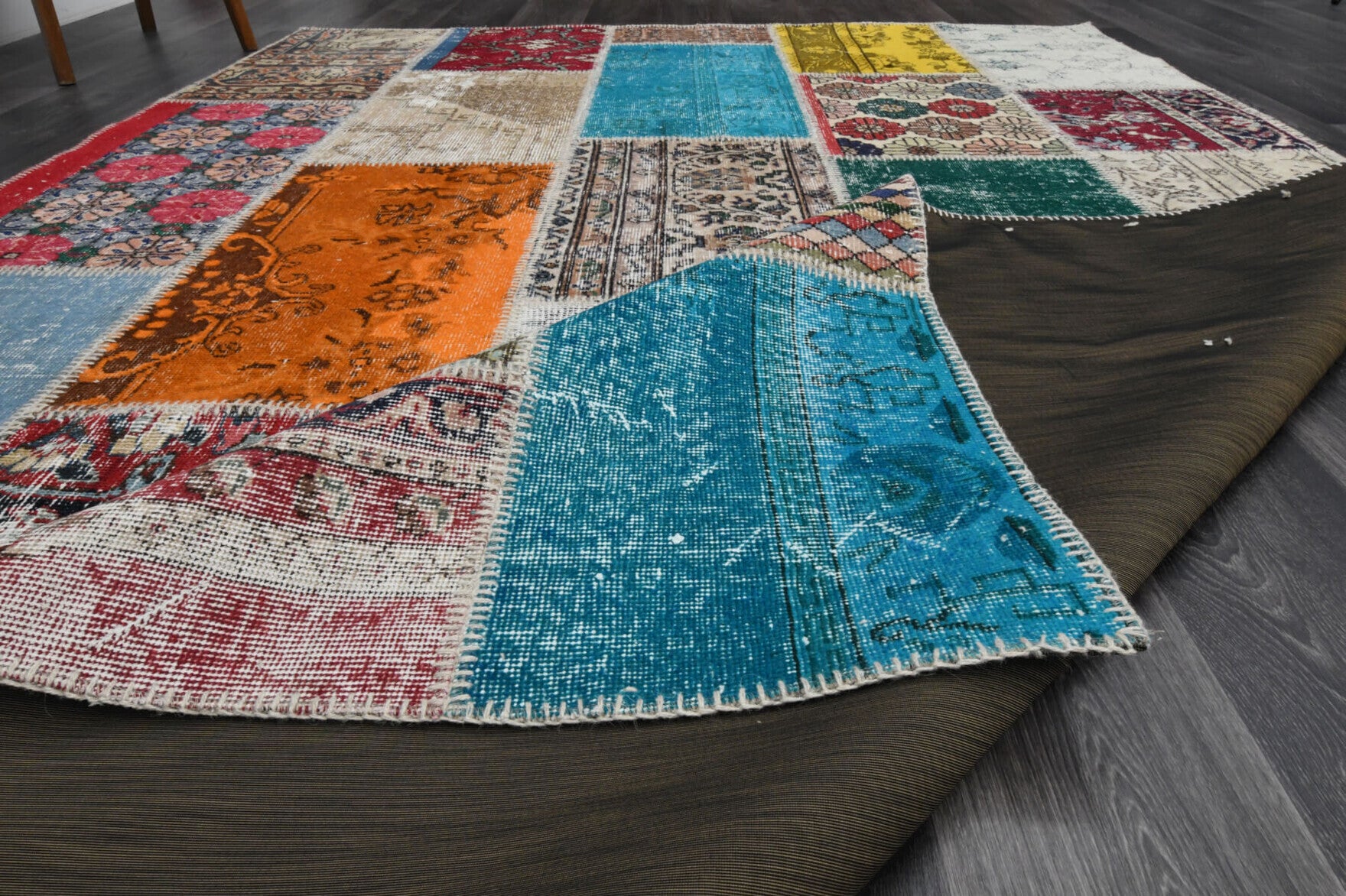 Hand-crafted Anatolian vintage patchwork rug Charitomene in wool, 1960s