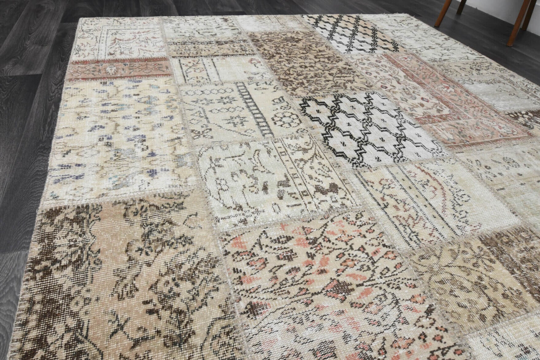 Ceydadil rug: 1960s handmade Anatolian rug with oriental motifs and fabric backing