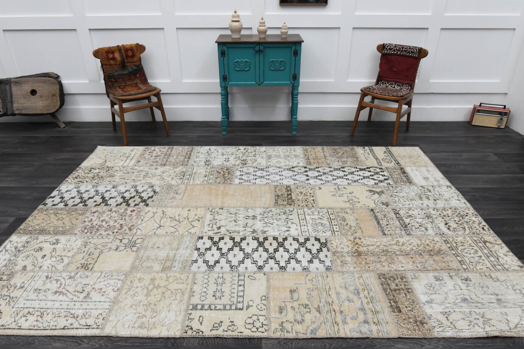 202x301 cm vintage patchwork Anatolian area rug – Ceydadeniz, low pile, wool