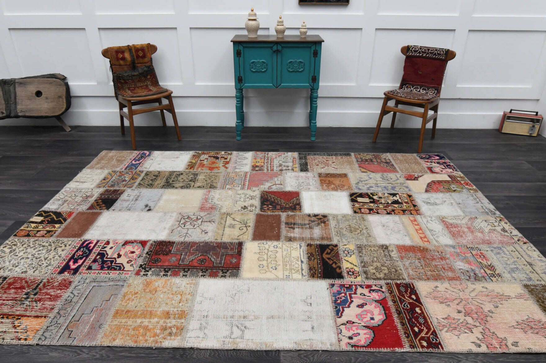 One-of-a-kind 1980s Anatolian vintage patchwork area rug in wool, 6'7" x 9'10"