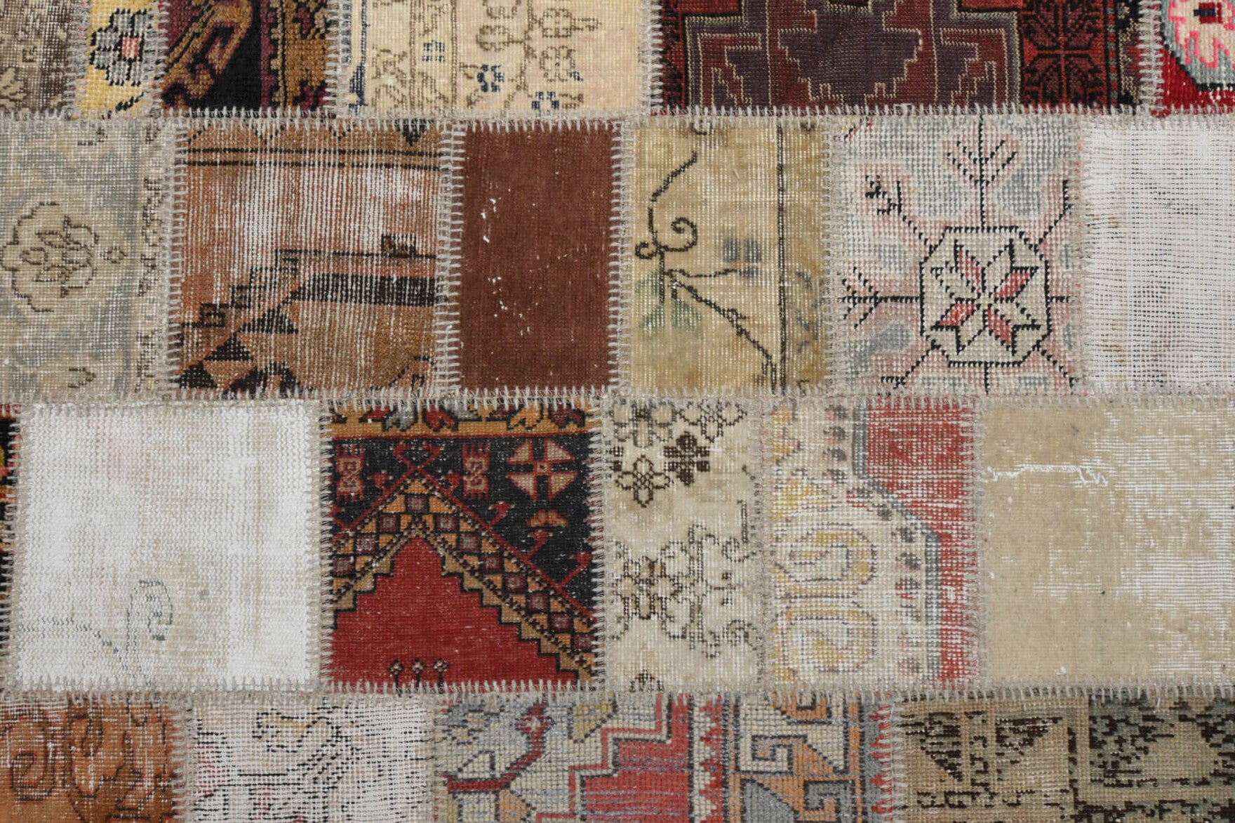 Authentic Anatolian vintage patchwork area rug (1980s) with solid design – one-of-a-kind at Fame Rugs