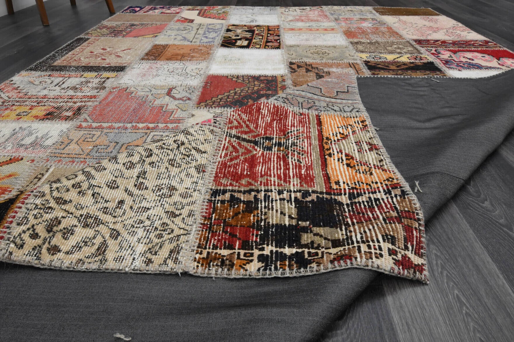 Hand-crafted Anatolian vintage patchwork rug Caglanaz in wool, 1980s