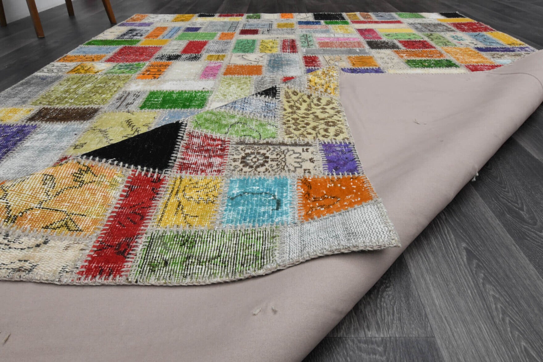 Hand-crafted Anatolian vintage patchwork rug Bulutnaz in wool, 1970s