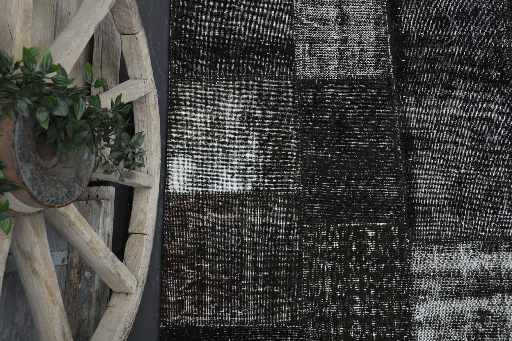 Authentic Anatolian vintage patchwork area rug (1980s) with solid design – one-of-a-kind at Fame Rugs
