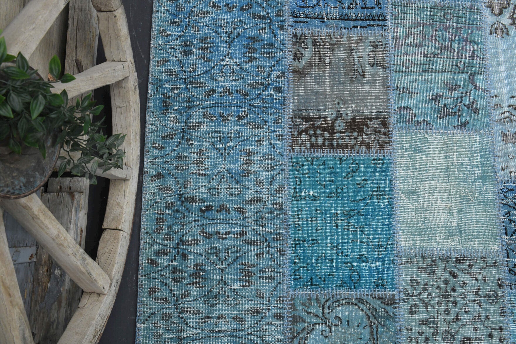Authentic Anatolian vintage patchwork area rug (1960s) with solid design – one-of-a-kind at Fame Rugs
