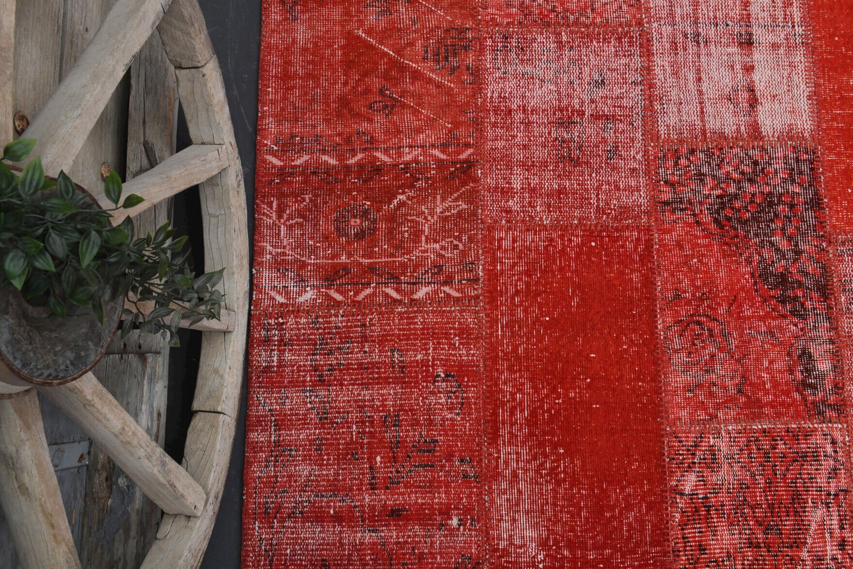 Authentic Anatolian vintage patchwork area rug (1960s) with solid design – one-of-a-kind at Fame Rugs