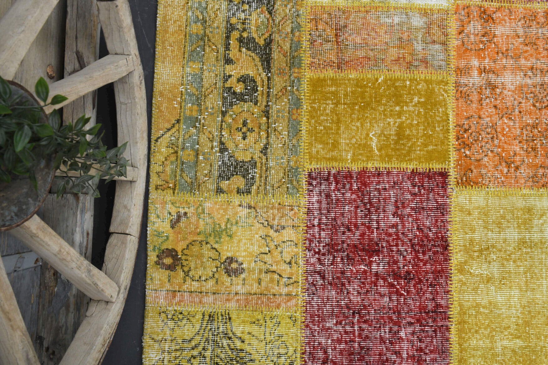 Authentic Anatolian vintage patchwork area rug (1970s) with solid design – one-of-a-kind at Fame Rugs
