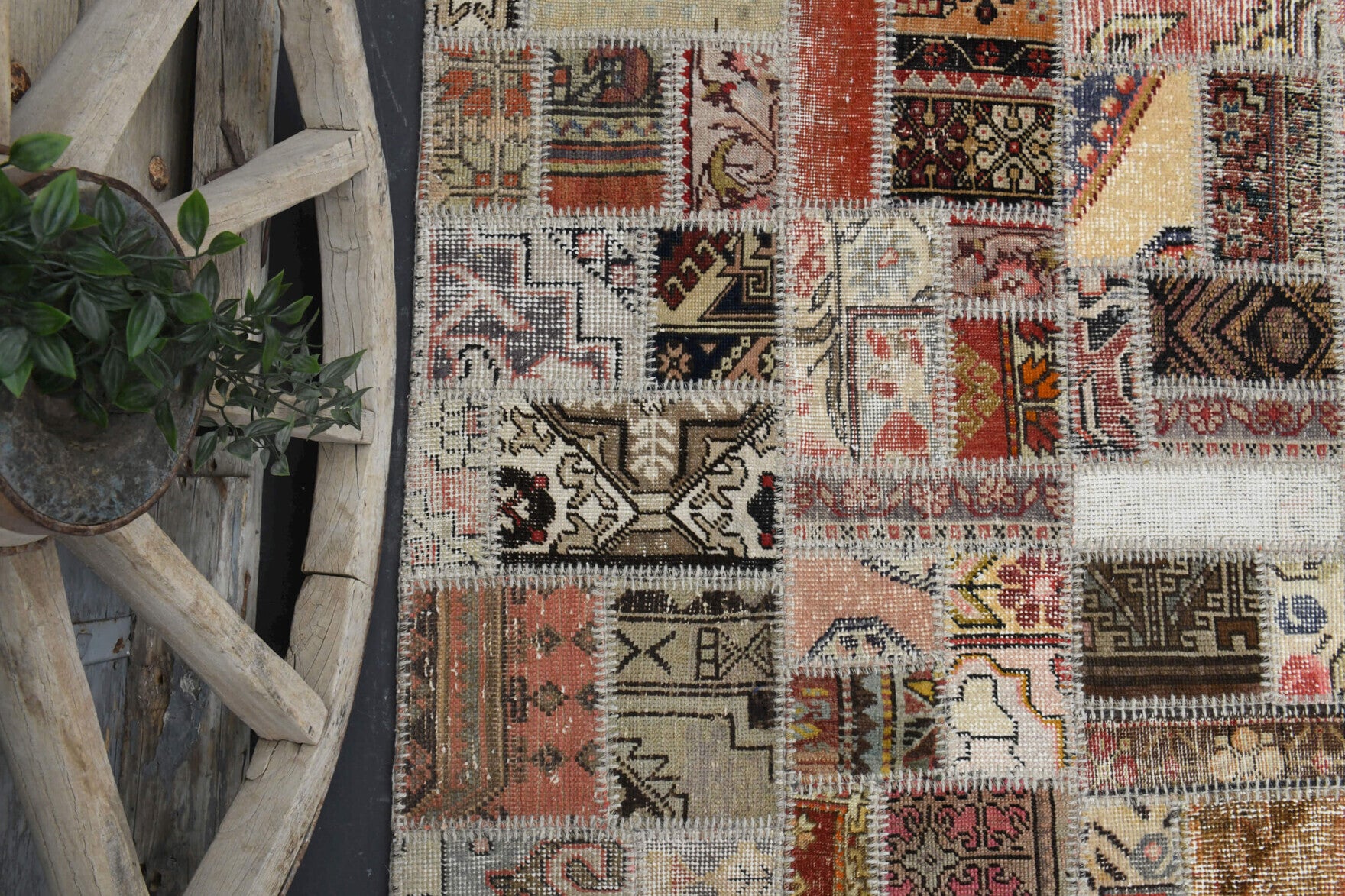 Authentic Anatolian vintage patchwork area rug (1960s) with solid design – one-of-a-kind at Fame Rugs