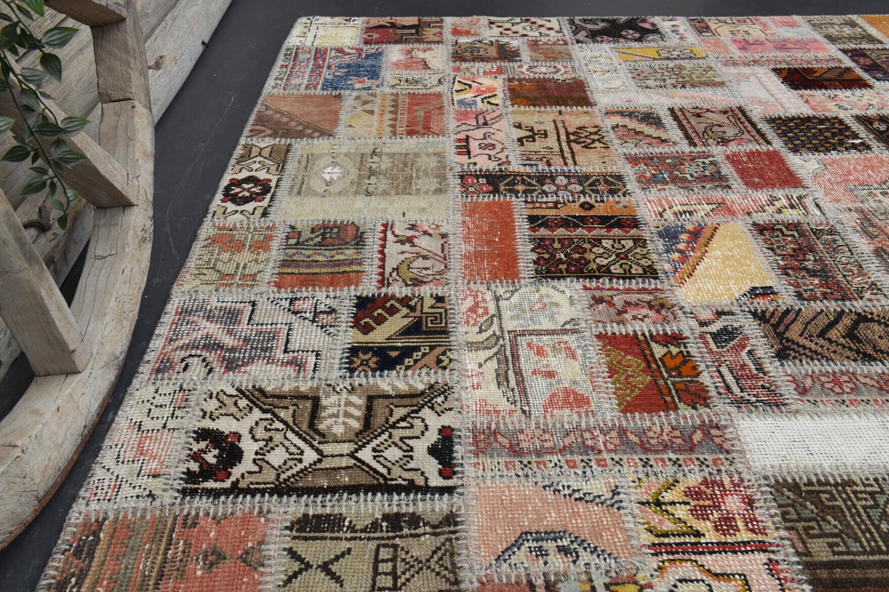 Handmade wool rug from Anatolia, Turkey – Vintage Brown Shades Area Patchwork Rug 6'8" x 9'11"