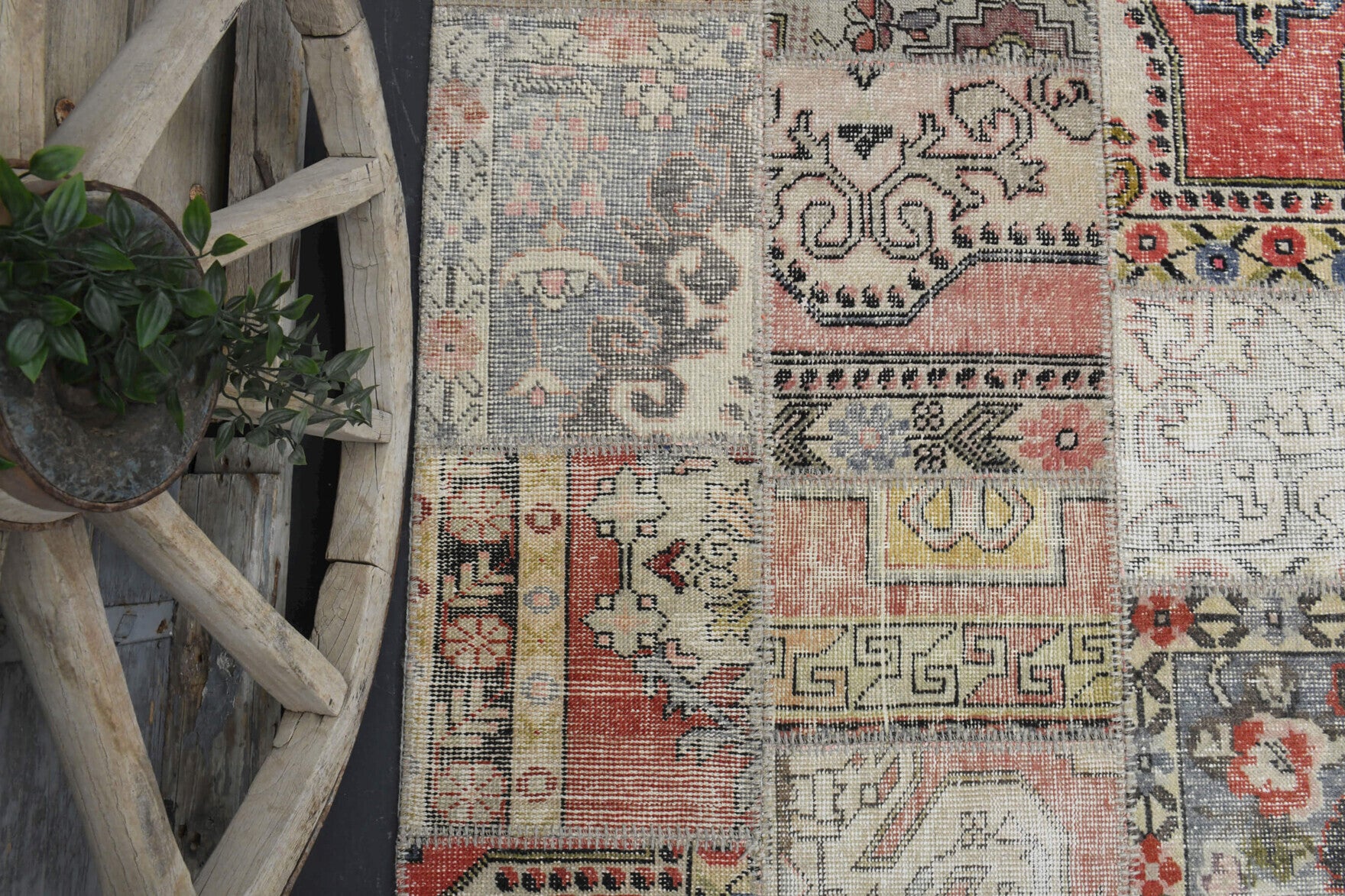 Authentic Anatolian vintage patchwork area rug (1960s) with oriental design – one-of-a-kind at Fame Rugs