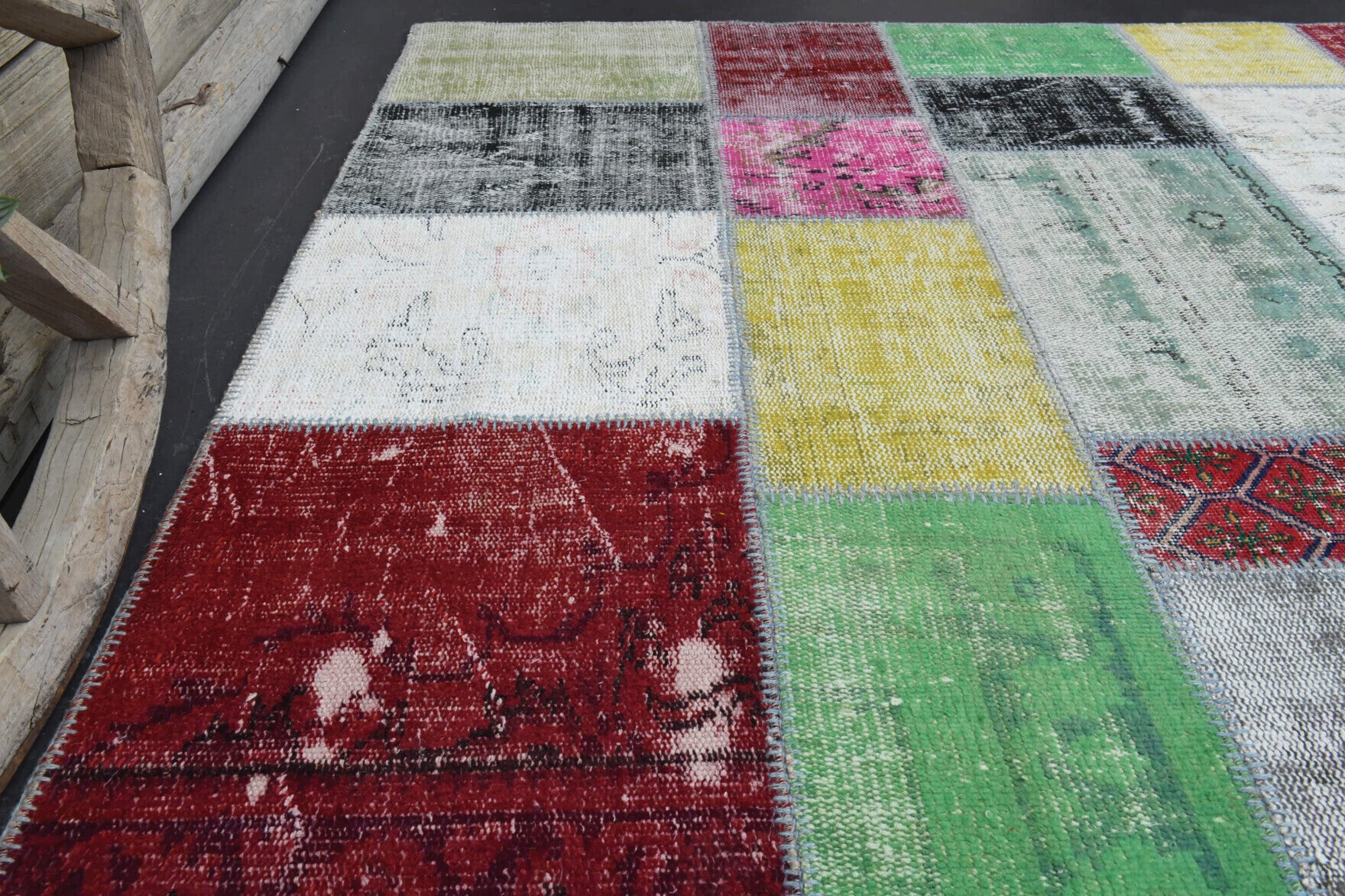 202x300 cm vintage patchwork Anatolian area rug – Beharsah, low pile, wool