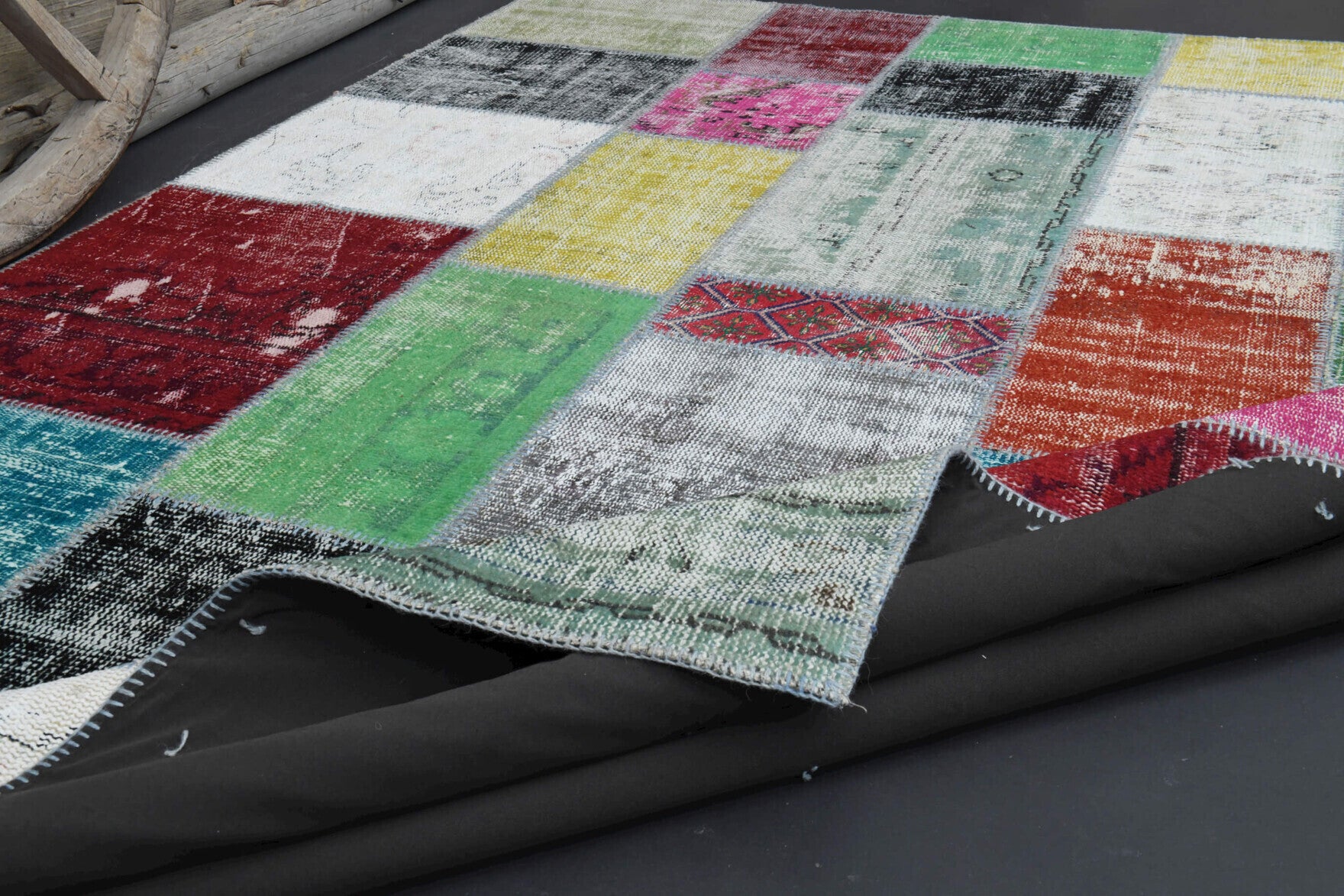 Authentic Anatolian vintage patchwork area rug (1970s) with floral design – one-of-a-kind at Fame Rugs