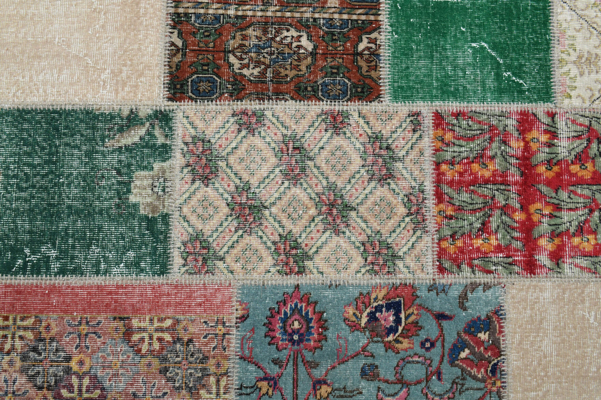 200x299 cm vintage patchwork Anatolian area rug – Bahrisev, low pile, wool