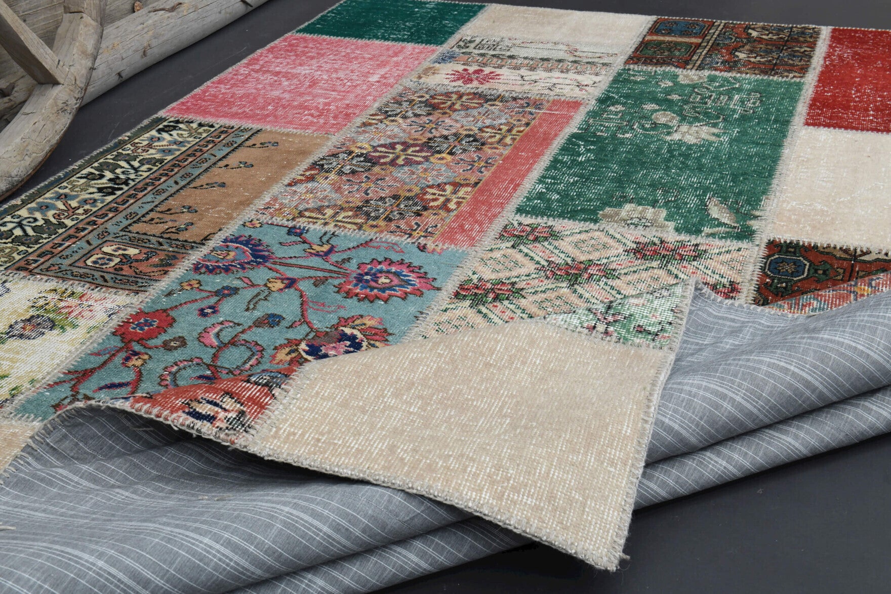 Hand-crafted Anatolian vintage patchwork rug Bahrisev in wool, 1970s