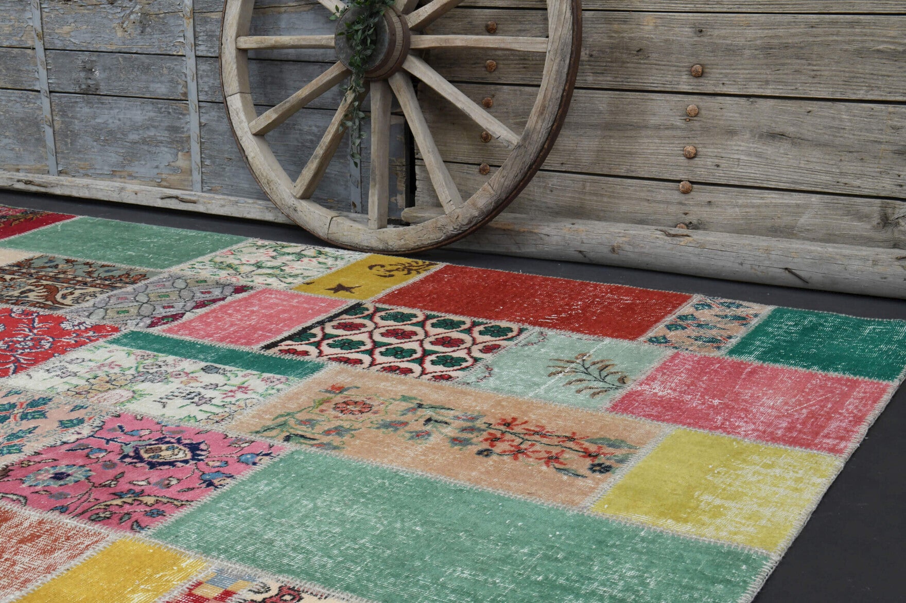 Badembahar rug: 1960s handmade Anatolian rug with oriental motifs and fabric backing