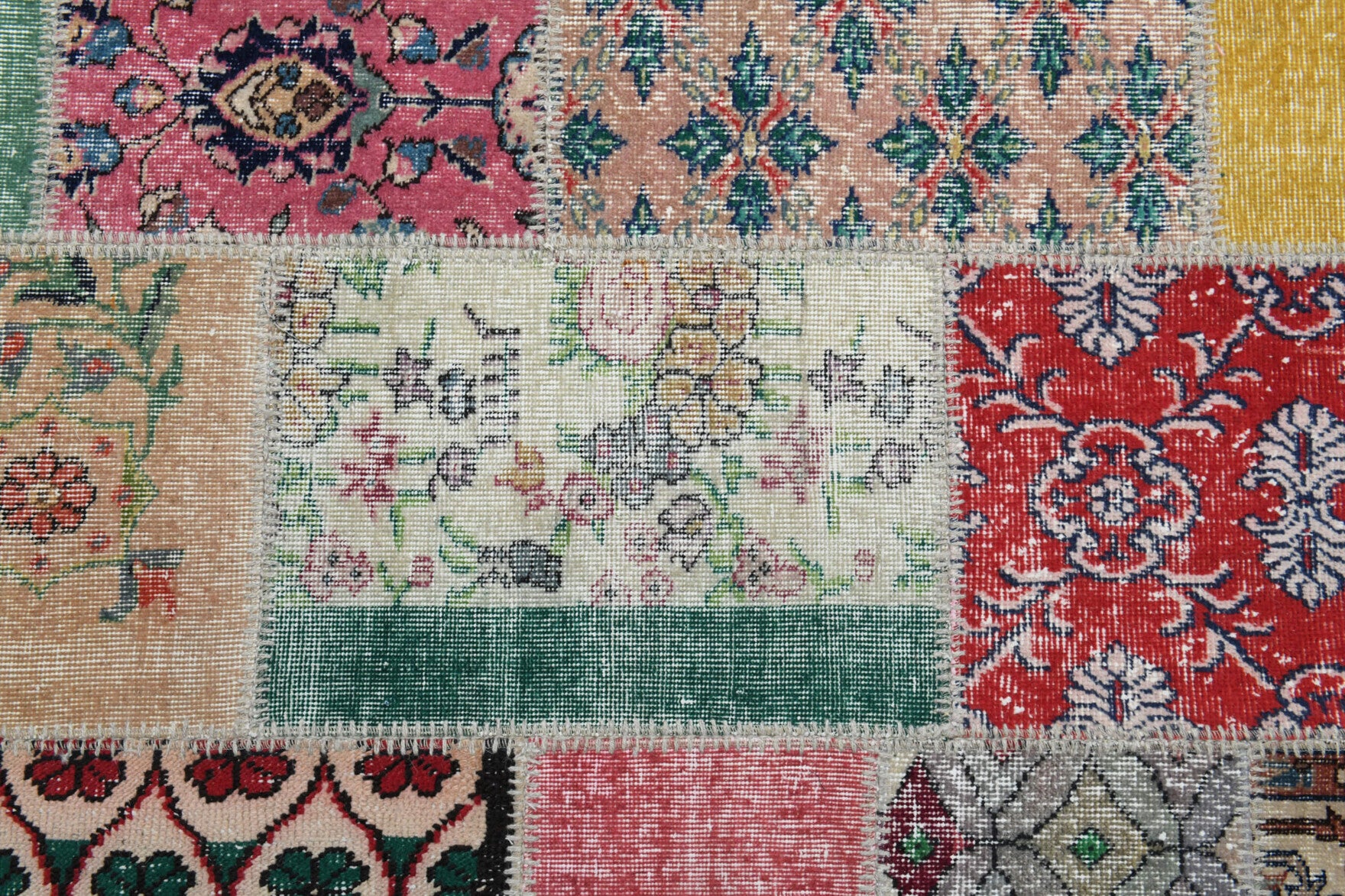 Authentic Anatolian vintage patchwork area rug (1960s) with oriental design – one-of-a-kind at Fame Rugs