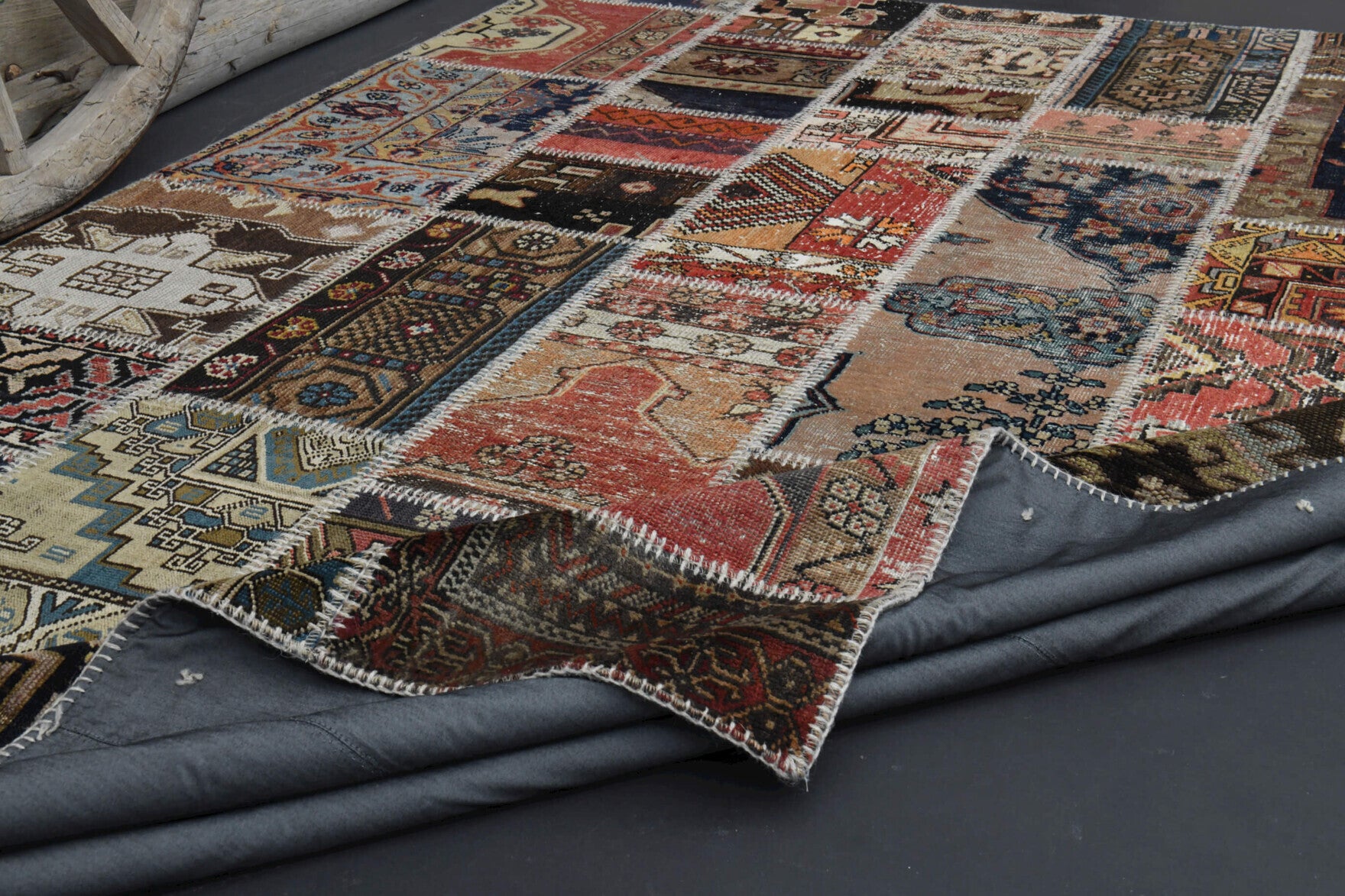 Hand-crafted Anatolian vintage patchwork rug Azadeh in wool, 1960s