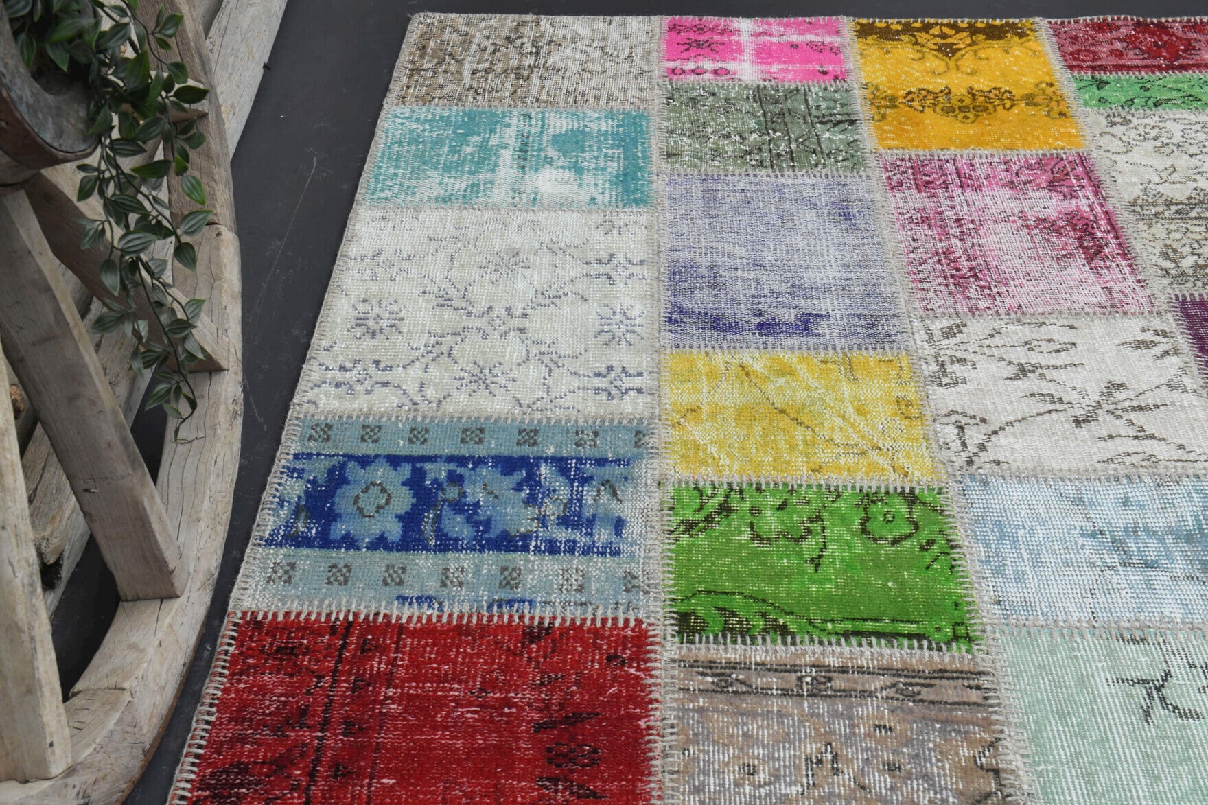 Authentic Anatolian vintage patchwork area rug (1960s) with solid design – one-of-a-kind at Fame Rugs