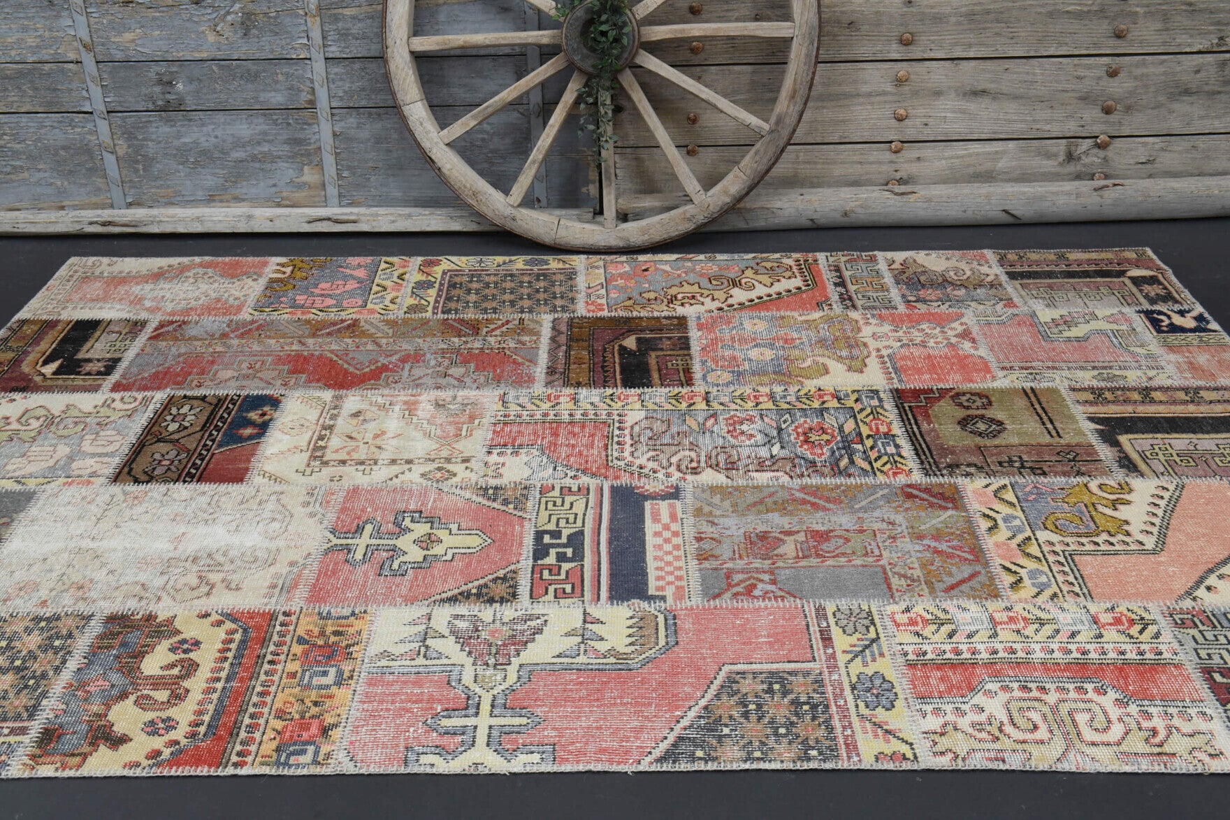 One-of-a-kind 1940s Anatolian vintage patchwork area rug in wool, 6'7" x 9'11"