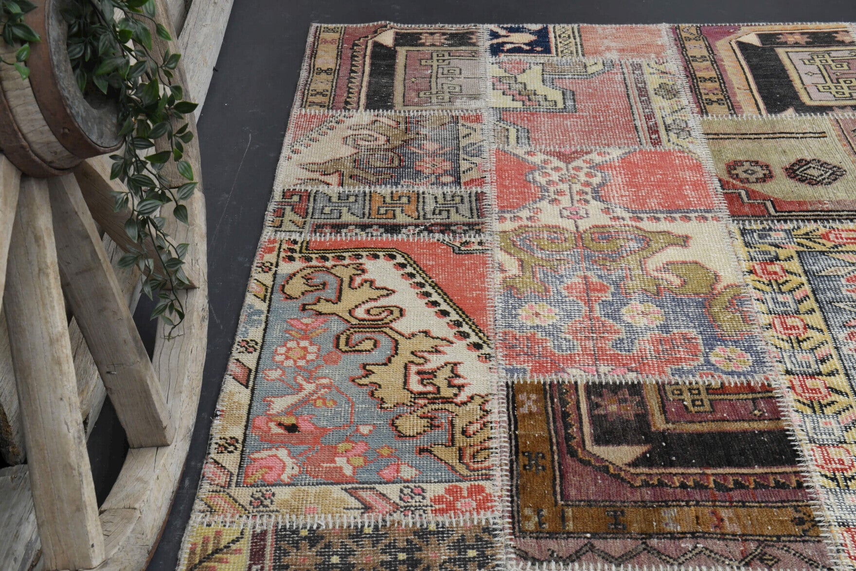 Authentic Anatolian vintage patchwork area rug (1940s) with oriental design – one-of-a-kind at Fame Rugs