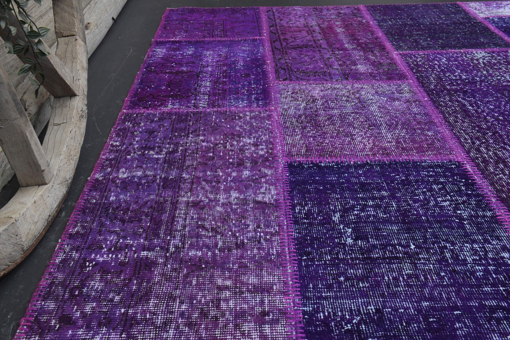 Authentic Anatolian vintage patchwork area rug (1960s) with solid design – one-of-a-kind at Fame Rugs