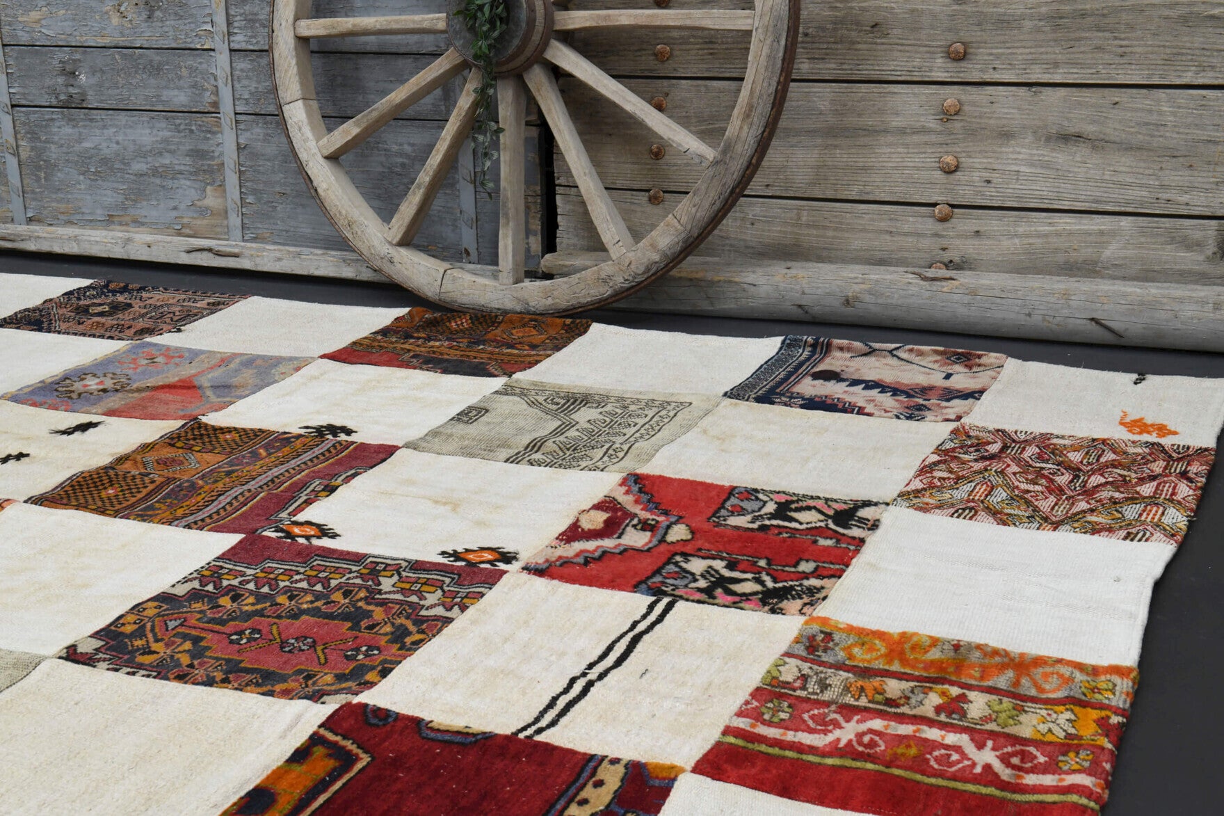 Authentic Anatolian vintage patchwork area rug (1970s) with ikat design – one-of-a-kind at Fame Rugs