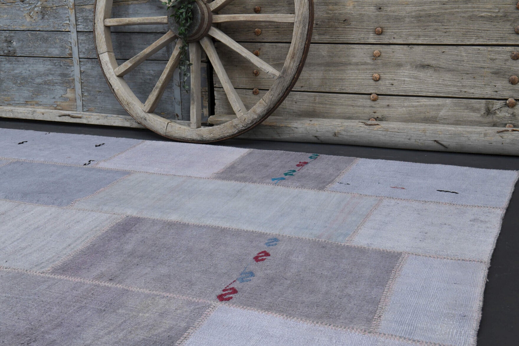 Authentic Anatolian vintage patchwork area rug (1970s) with solid design – one-of-a-kind at Fame Rugs