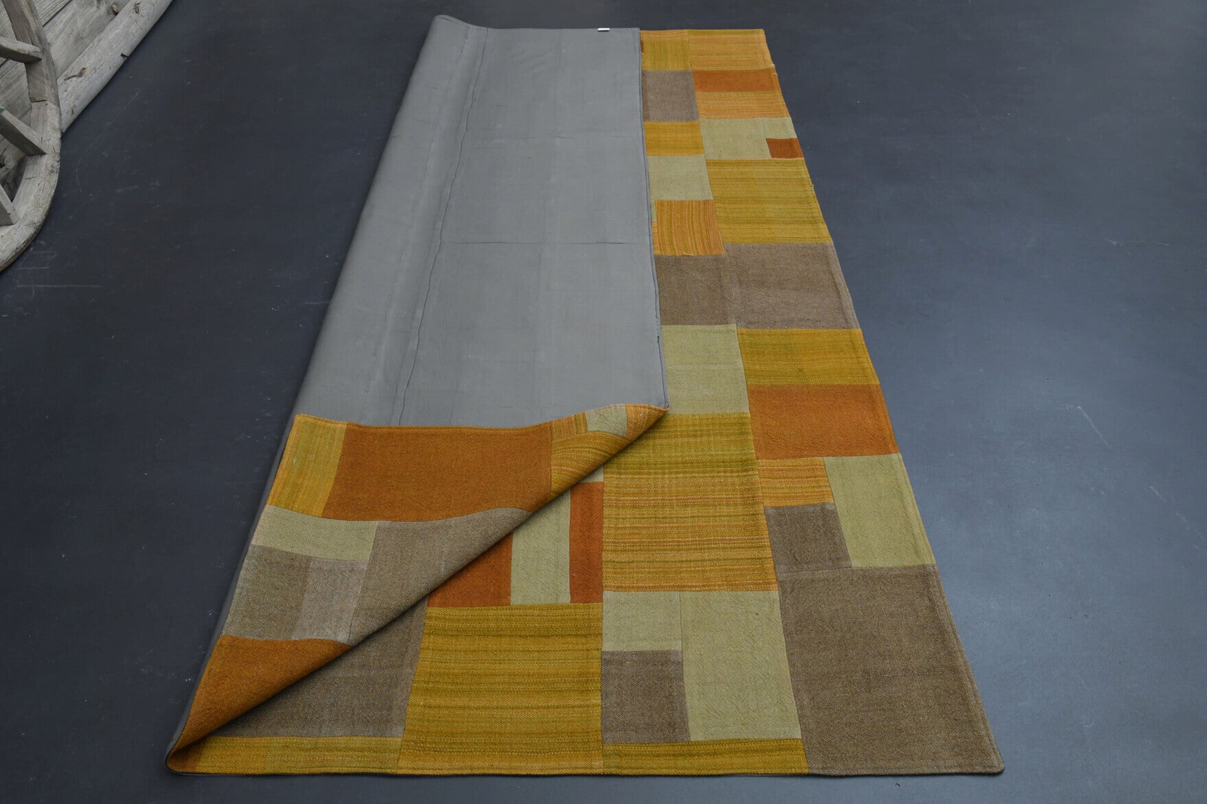 Muted Yellow Mid Century Vintage Kilim Patchwork Rug in wool – 1960s piece from Anatolia, Turkey | Fame Rugs