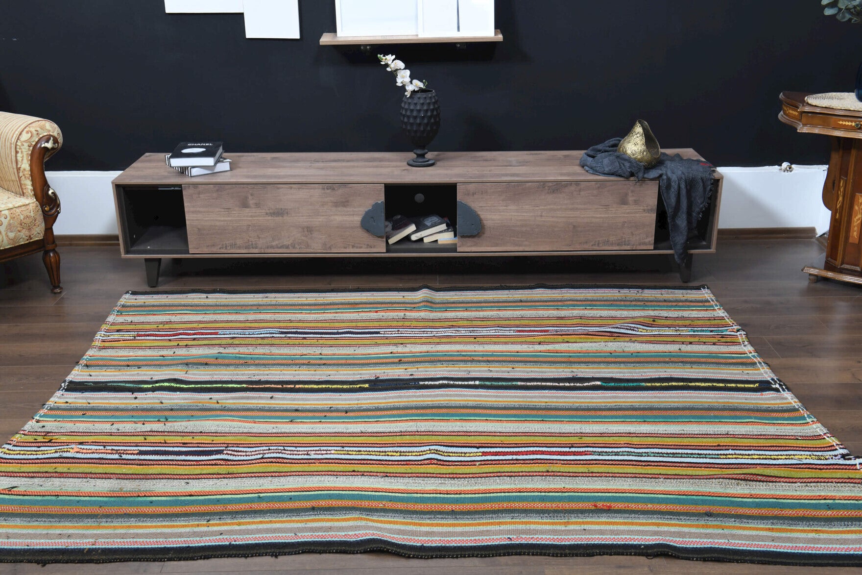 Handwoven flatweave wool kilim from Anatolia, Turkey – Vintage Handmade Striped Flatweave Carpet 6'2" x 8'2"