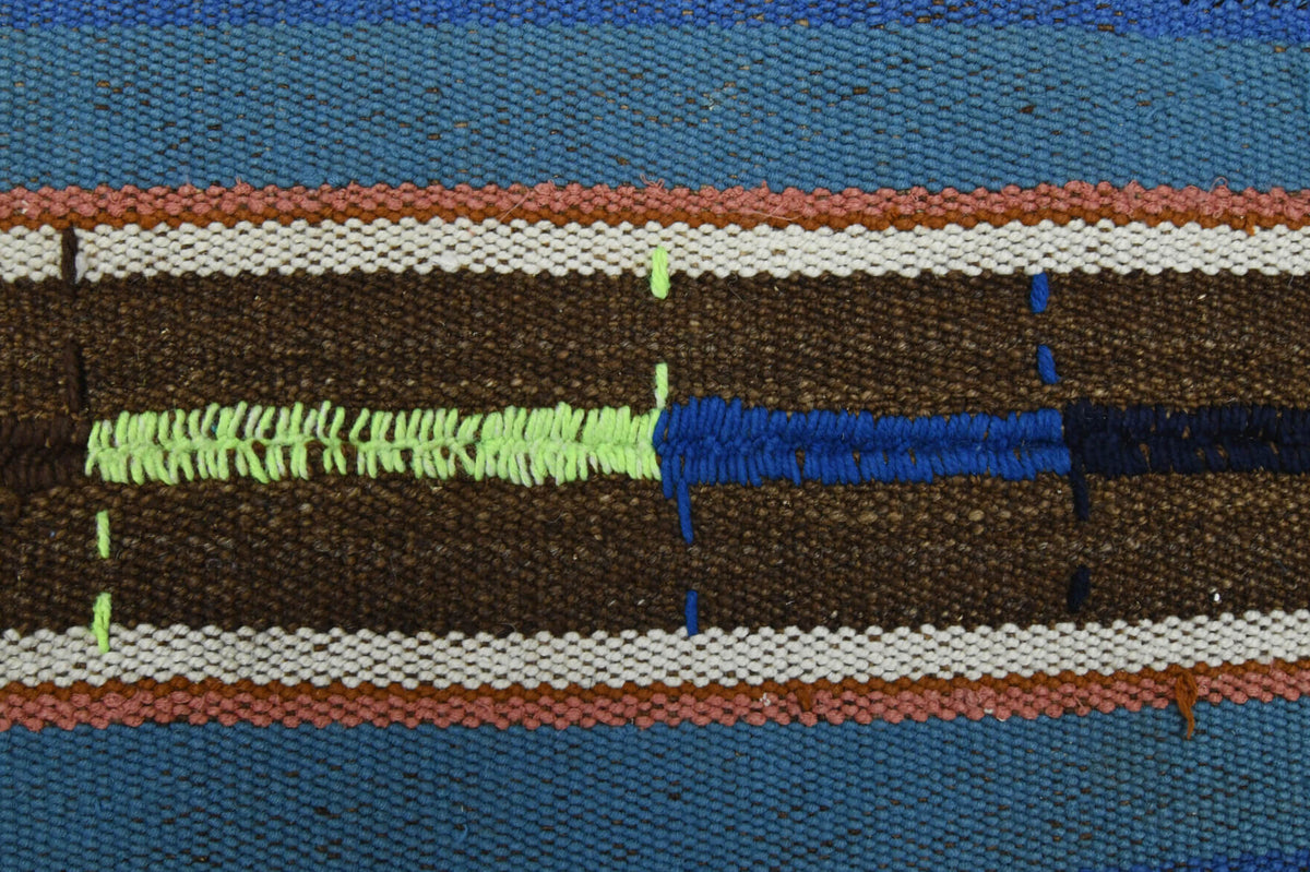 Kyanopheme kilim: 1960s handwoven flatweave Anatolian kilim with striped motifs