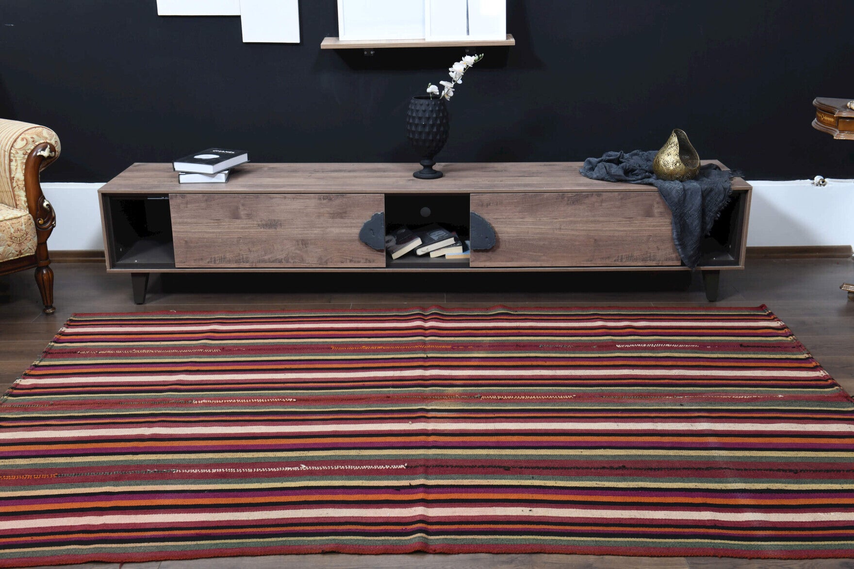 Nevsever kilim: 1960s handwoven flatweave Anatolian kilim with striped motifs and fabric backing