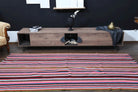 Pericanaz kilim: 1960s handwoven flatweave Anatolian kilim with striped motifs and fabric backing