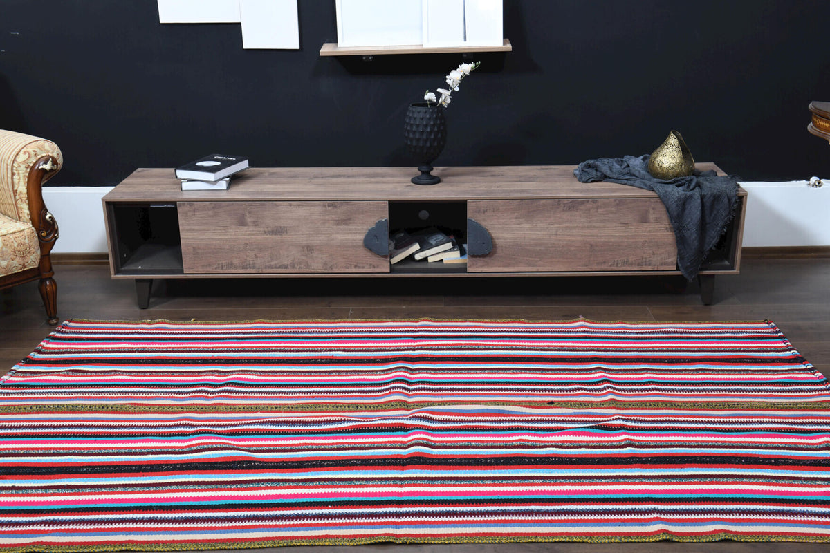 Pericanaz kilim: 1960s handwoven flatweave Anatolian kilim with striped motifs and fabric backing
