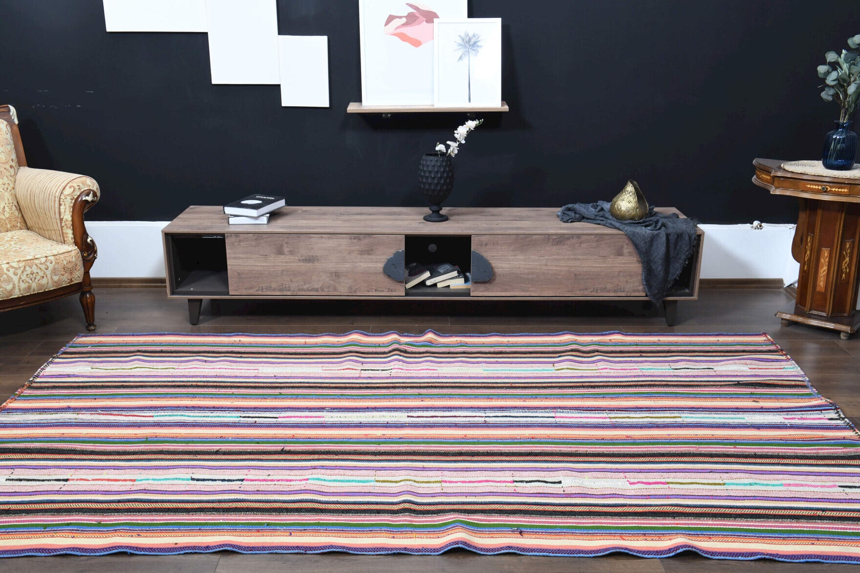 Pyrrozoe kilim: 1960s handwoven flatweave Anatolian kilim with striped motifs and fabric backing