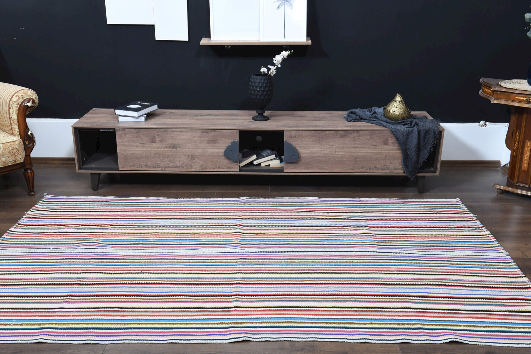 Safamelek kilim: 1960s handwoven flatweave Anatolian kilim with striped motifs and fabric backing