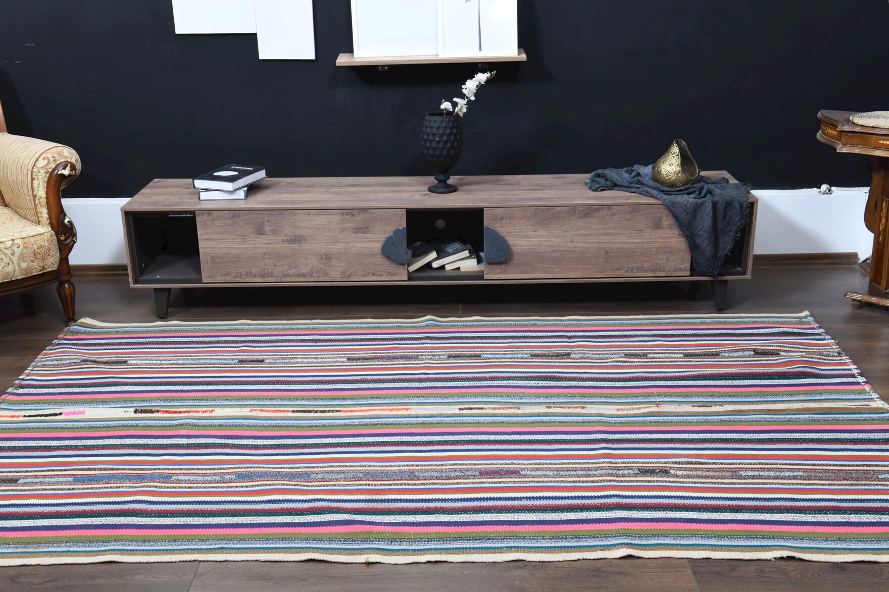 Sevgisah kilim: 1960s handwoven flatweave Anatolian kilim with striped motifs and fabric backing
