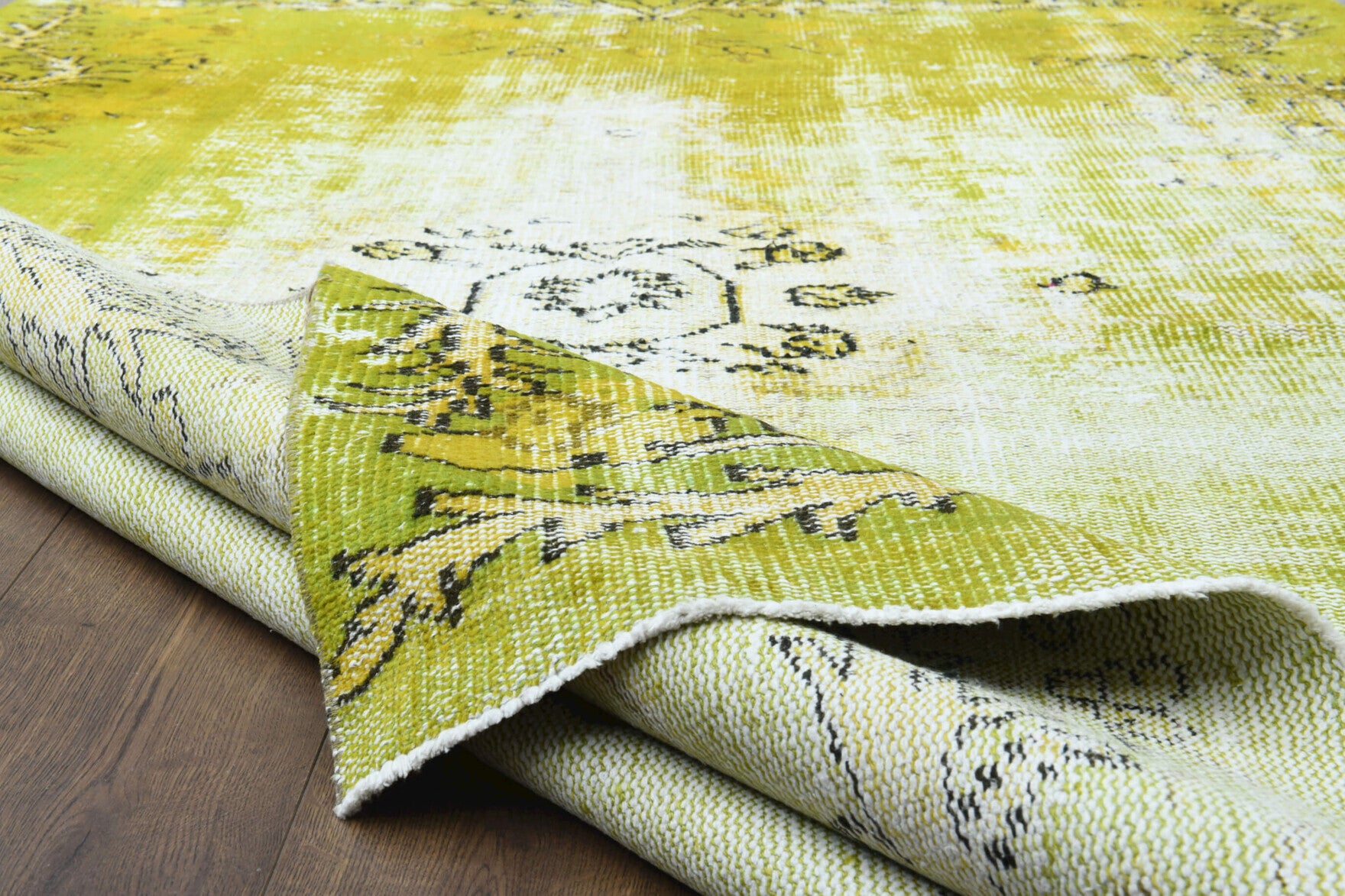 Glaucodike Pistachio rug: 1950s handmade Anatolian rug with abstract motifs and cotton backing