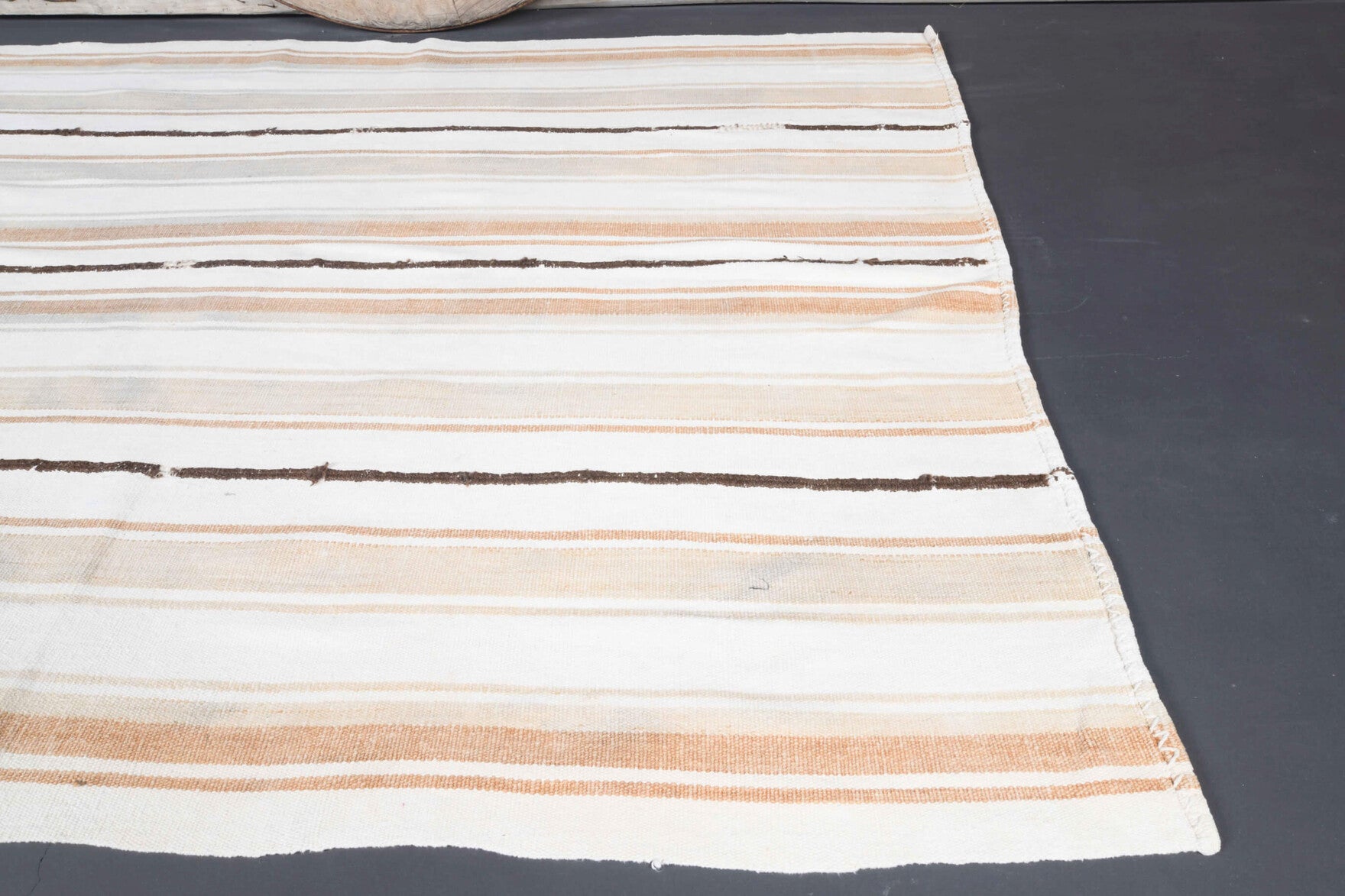 Anthippa kilim: 1960s handwoven flatweave Anatolian kilim with striped motifs