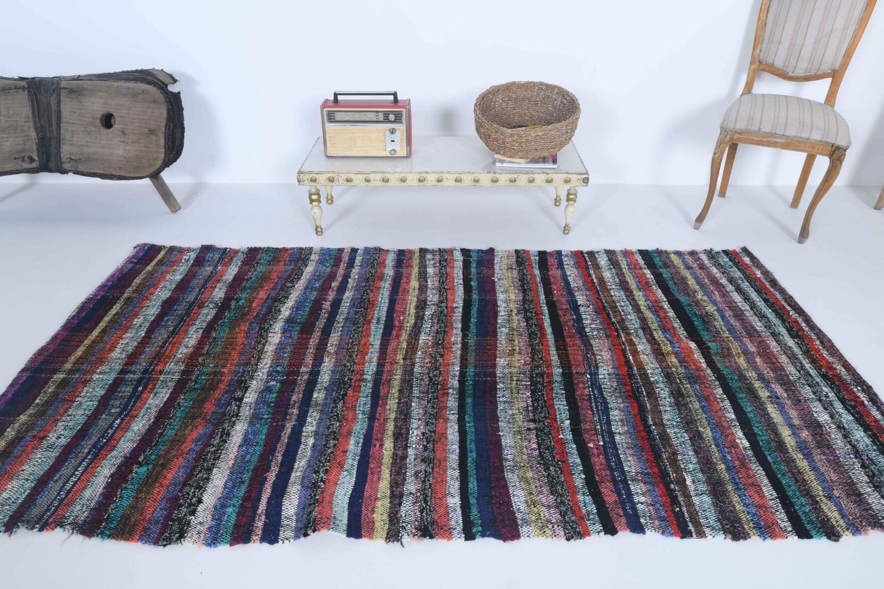 Vecdcihan kilim: 1960s handwoven flatweave Anatolian kilim with striped motifs