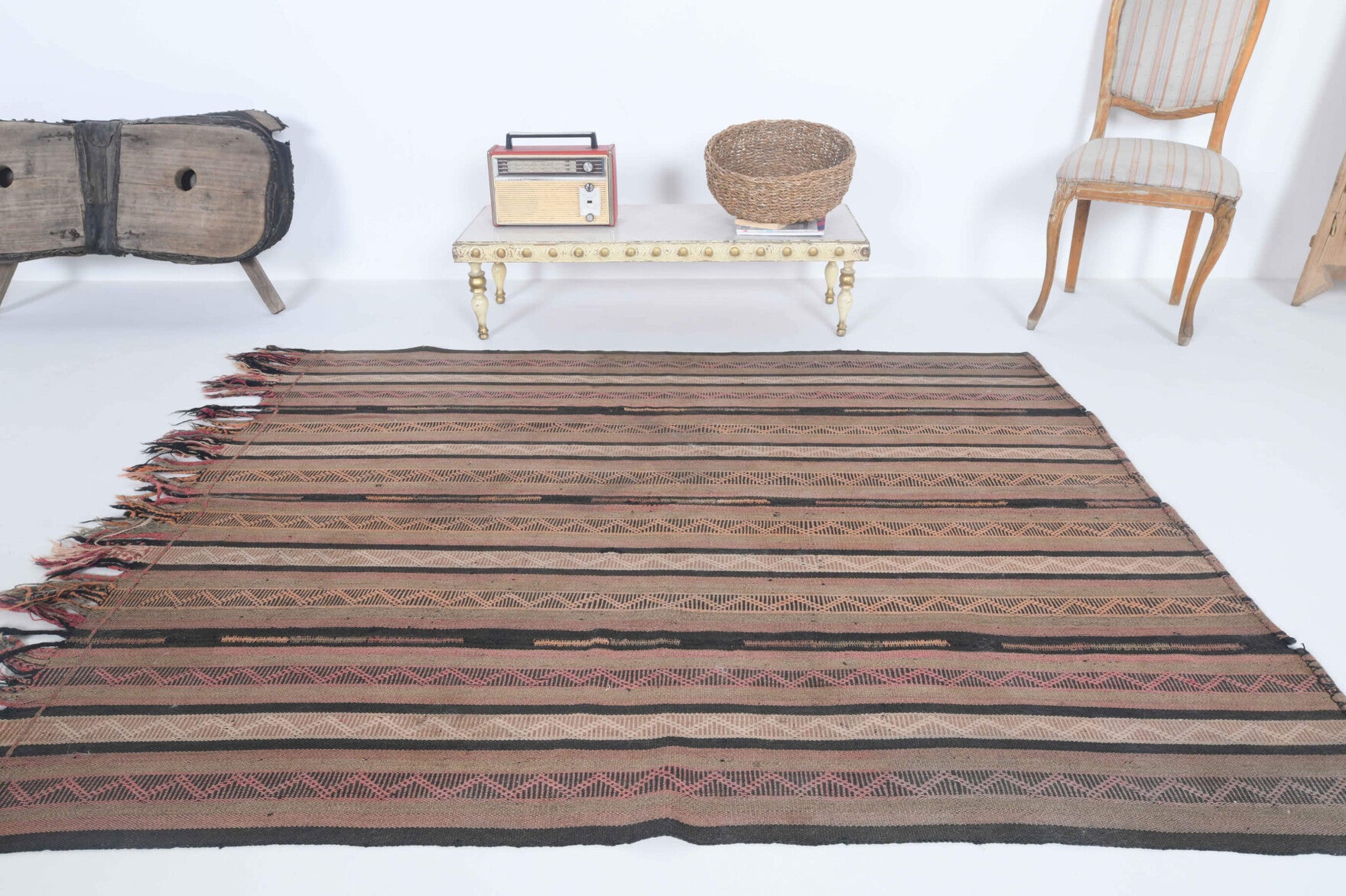 Ulker kilim: 1960s handwoven flatweave Anatolian kilim with striped motifs