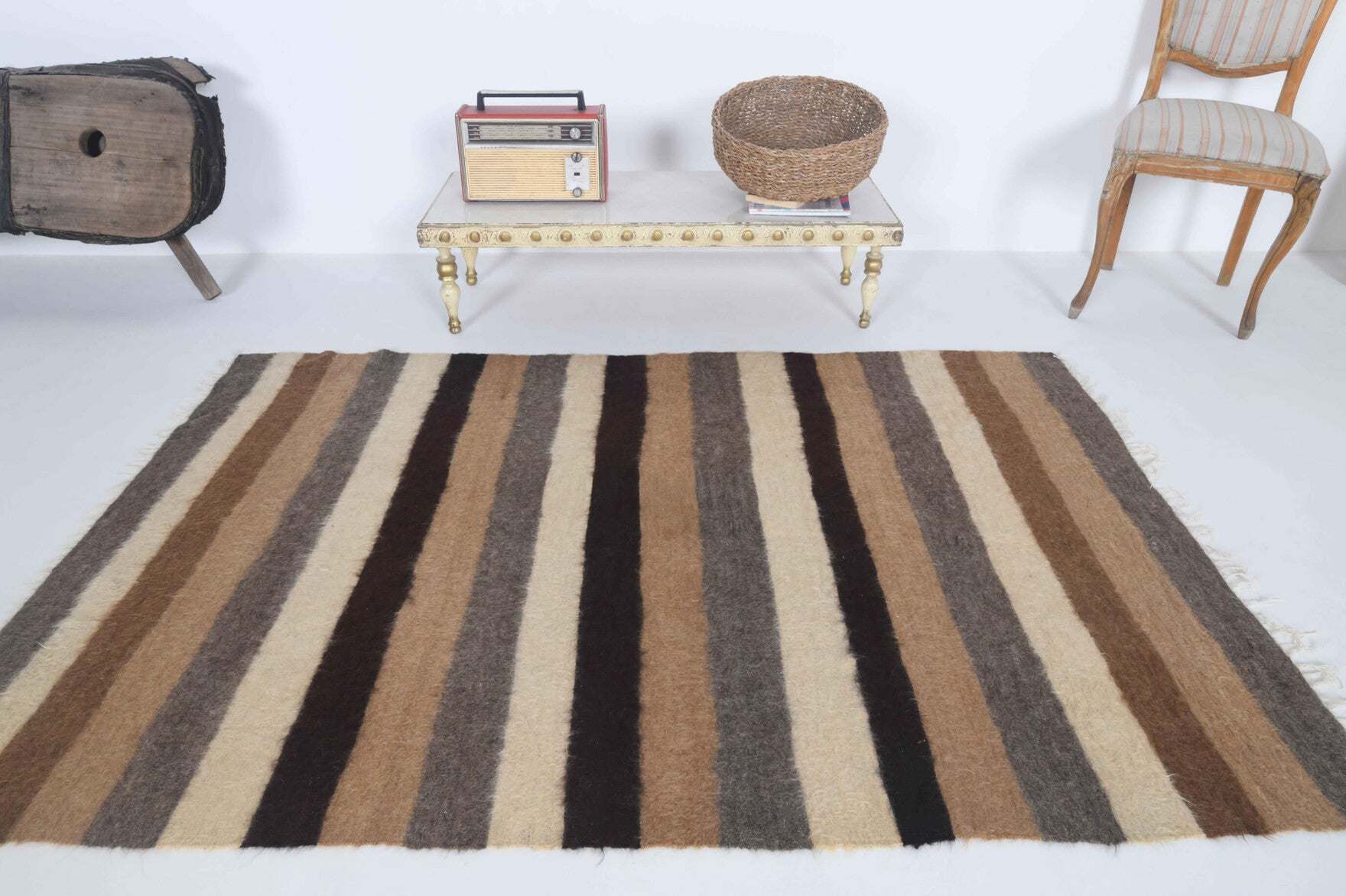 Tuncnur kilim: 1960s handwoven flatweave Anatolian kilim with striped motifs