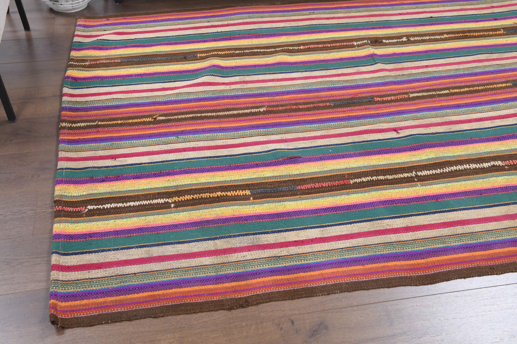 Authentic Anatolian vintage kilim rug (1960s) with striped design – one-of-a-kind at Fame Rugs