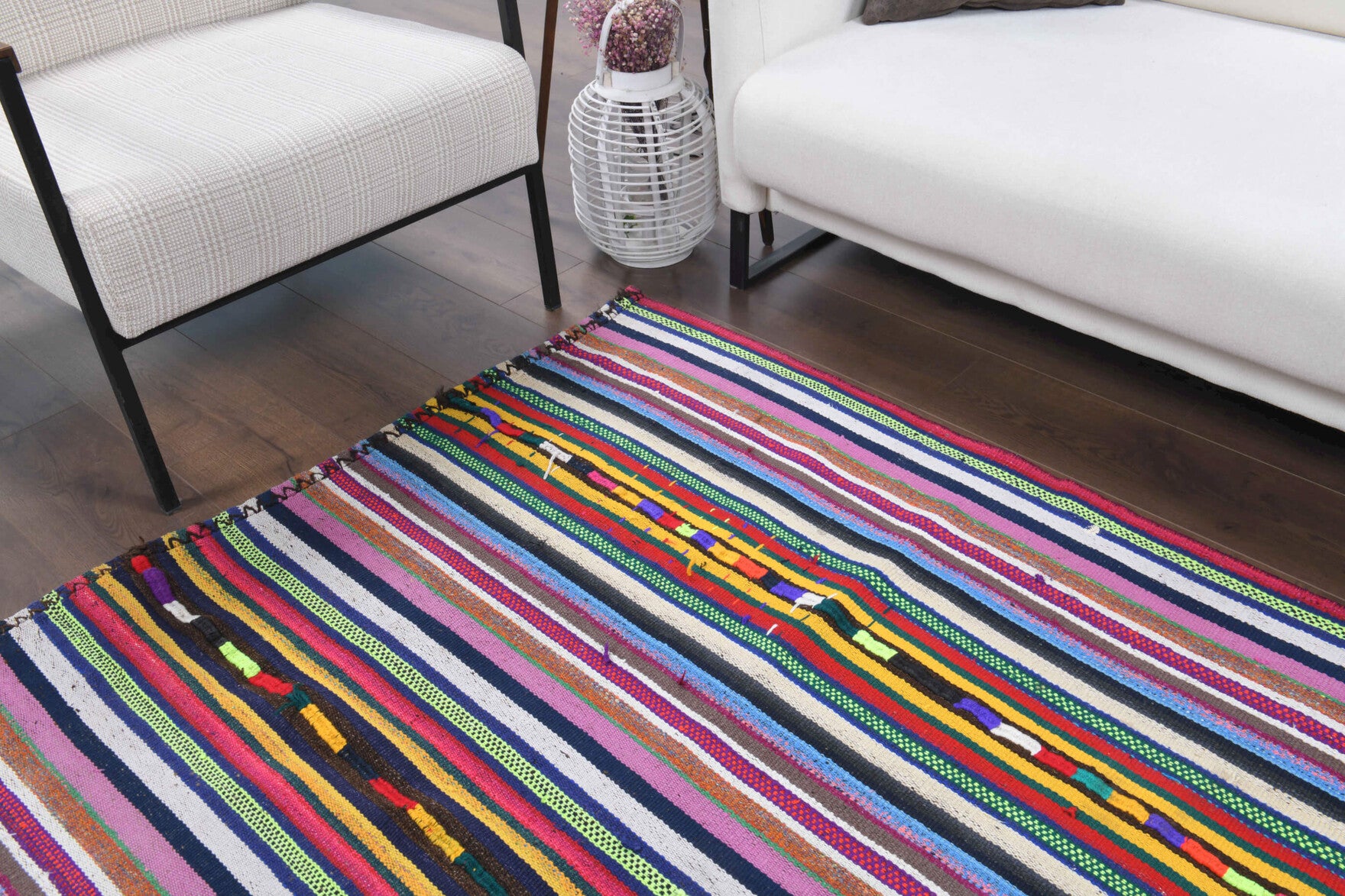 Suyar kilim: 1960s handwoven flatweave Anatolian kilim with striped motifs