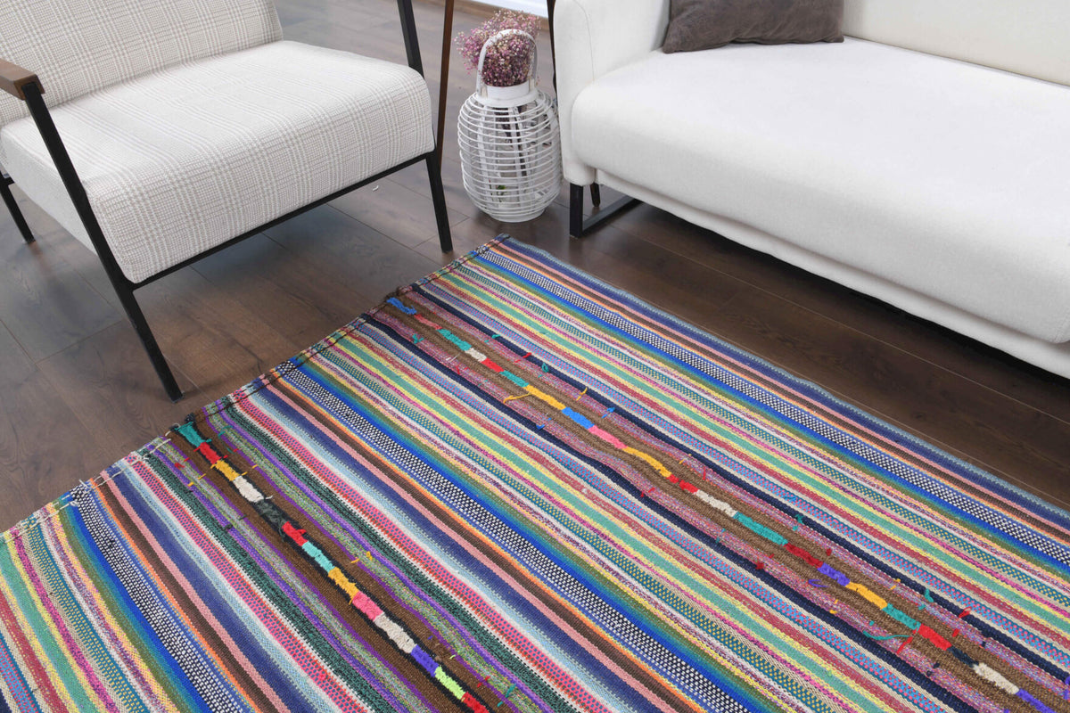 Authentic Anatolian vintage kilim rug (1960s) with striped design – one-of-a-kind at Fame Rugs