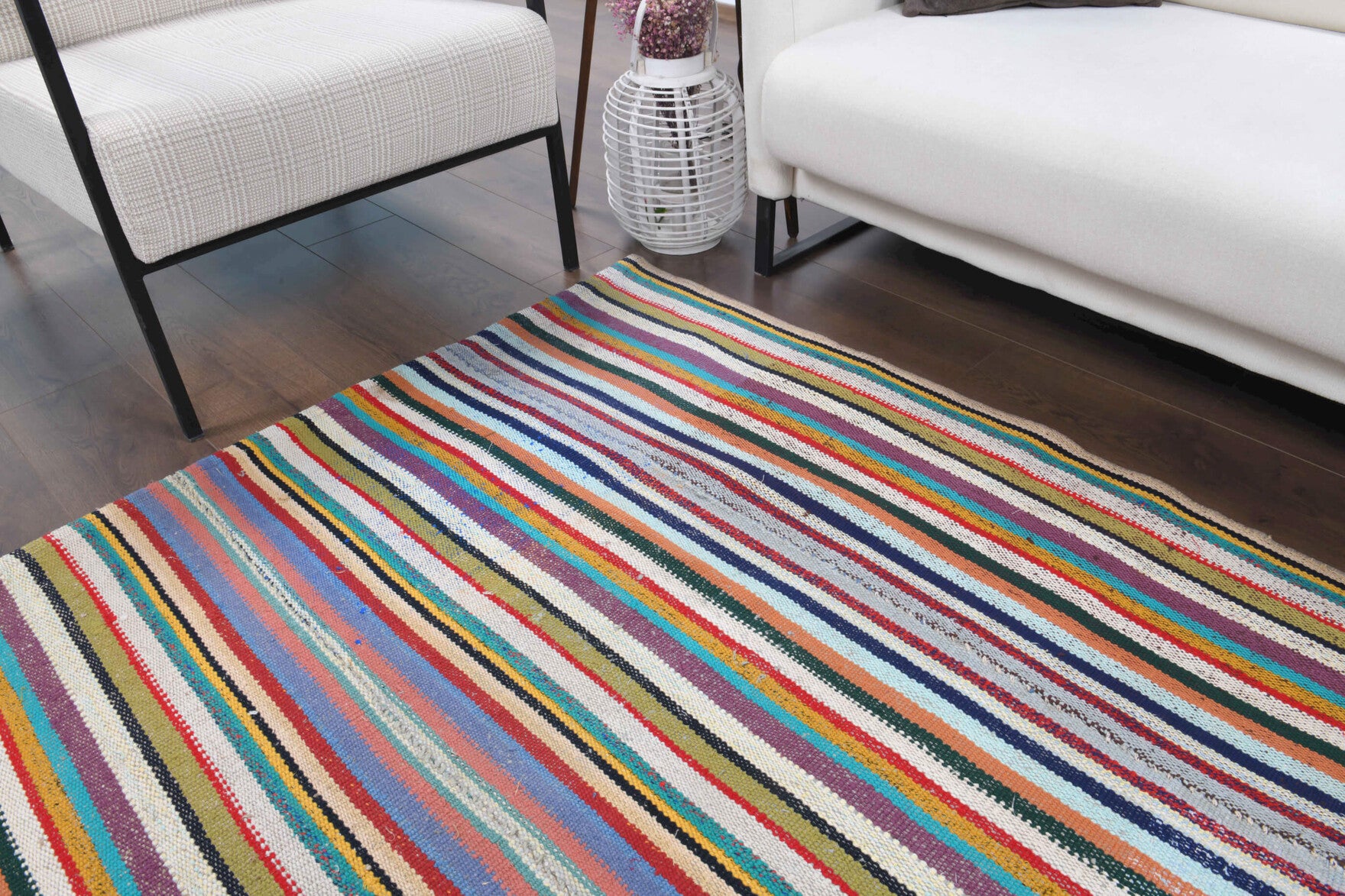 Authentic Anatolian vintage kilim rug (1960s) with striped design – one-of-a-kind at Fame Rugs