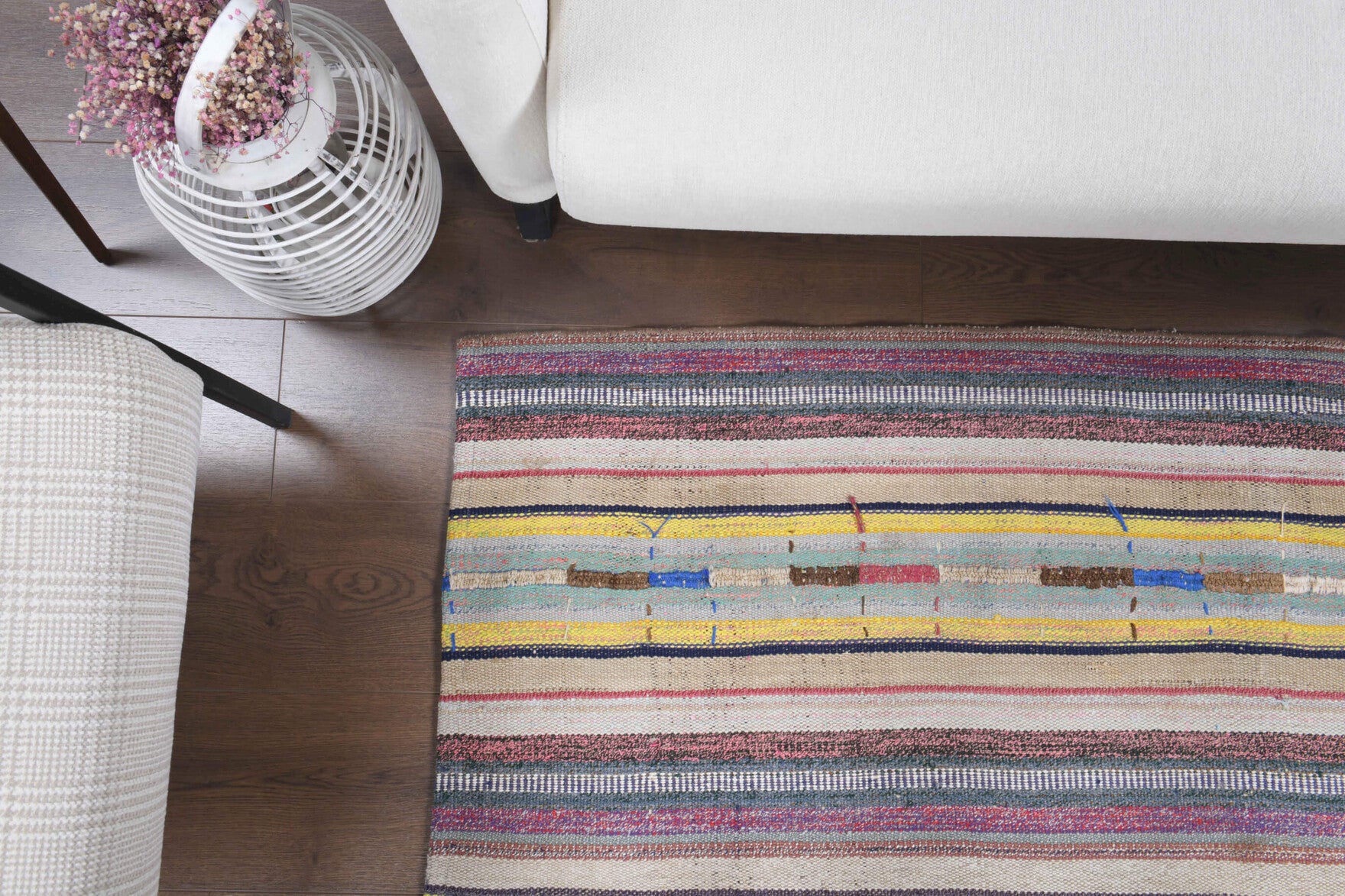 Sulecihan kilim: 1960s handwoven flatweave Anatolian kilim with striped motifs