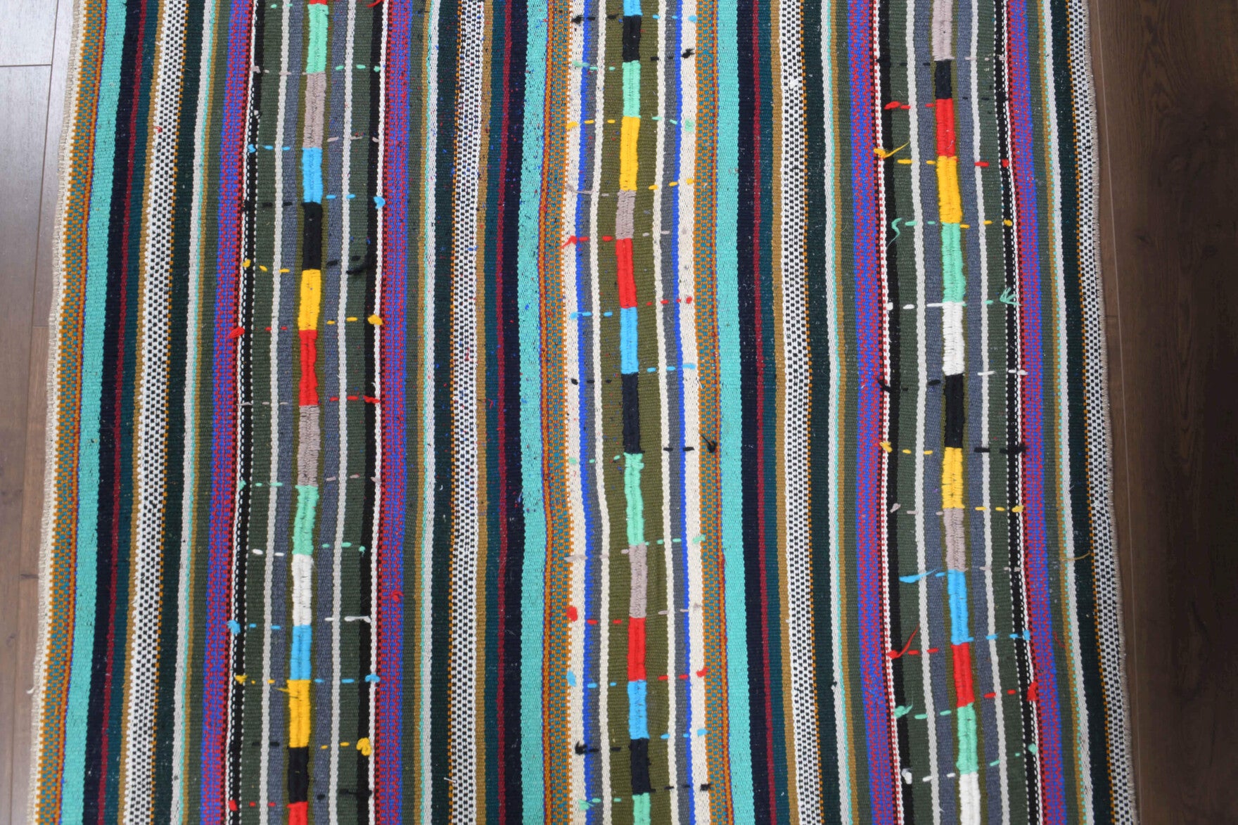 Stenophile kilim: 1960s handwoven flatweave Anatolian kilim with striped motifs